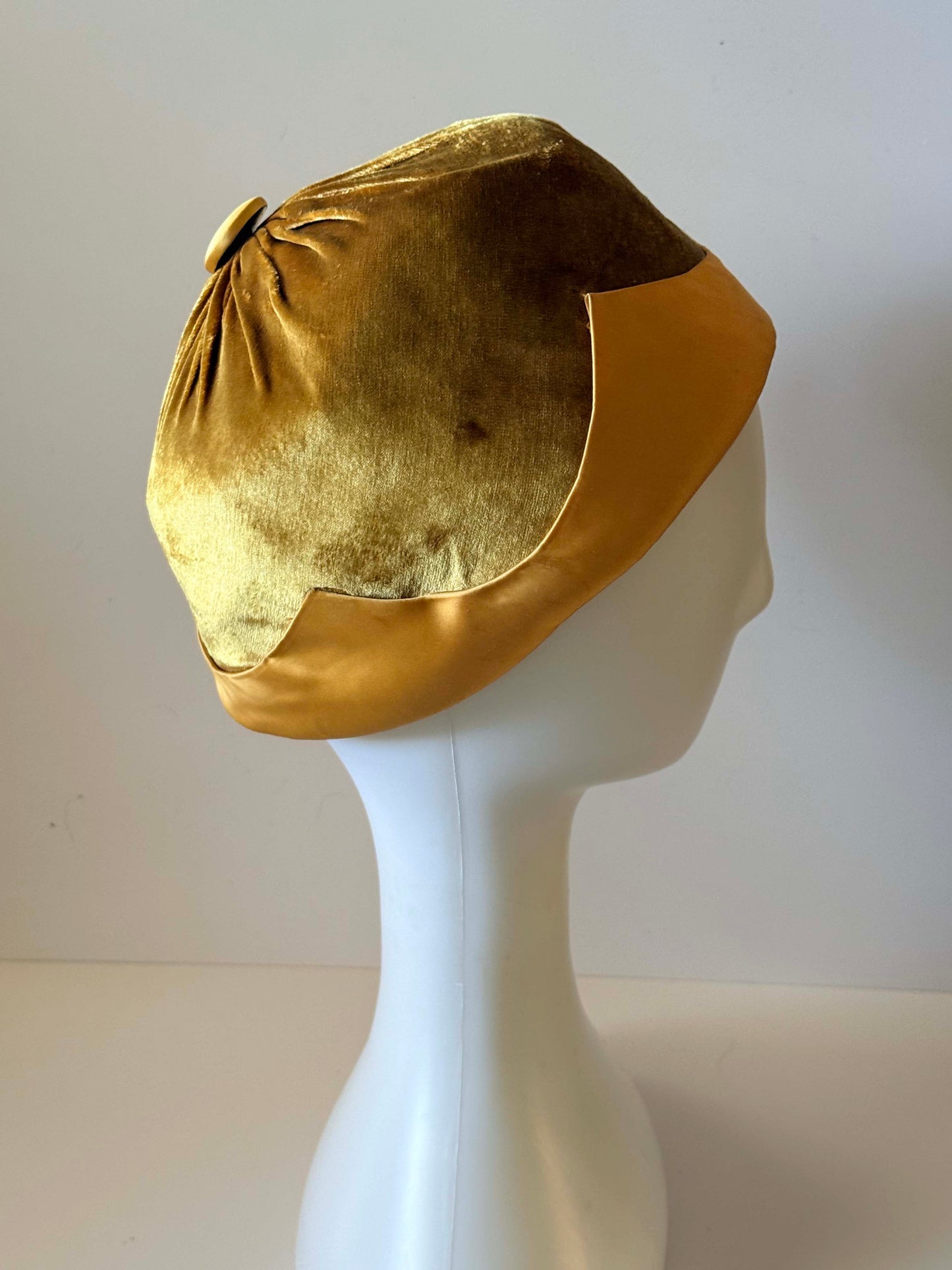 Vintage Adele Claire New York Pillbox Hat | Gold Velvet Cocktail Hat | 1960s Designer Millinery | Jackie O Style Formal Hat