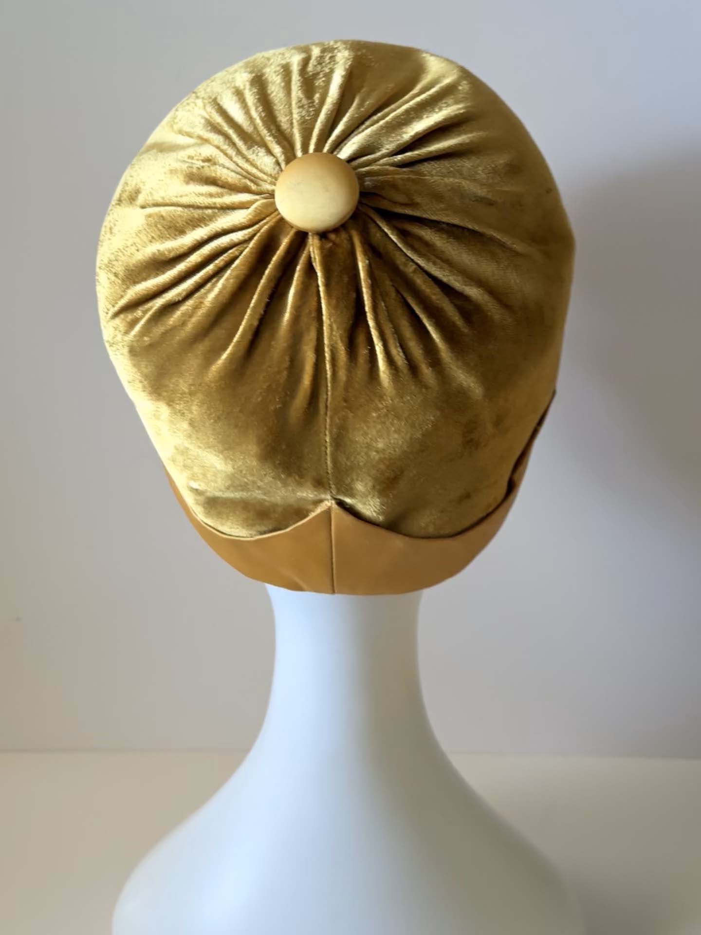Vintage Adele Claire New York Pillbox Hat | Gold Velvet Cocktail Hat | 1960s Designer Millinery | Jackie O Style Formal Hat