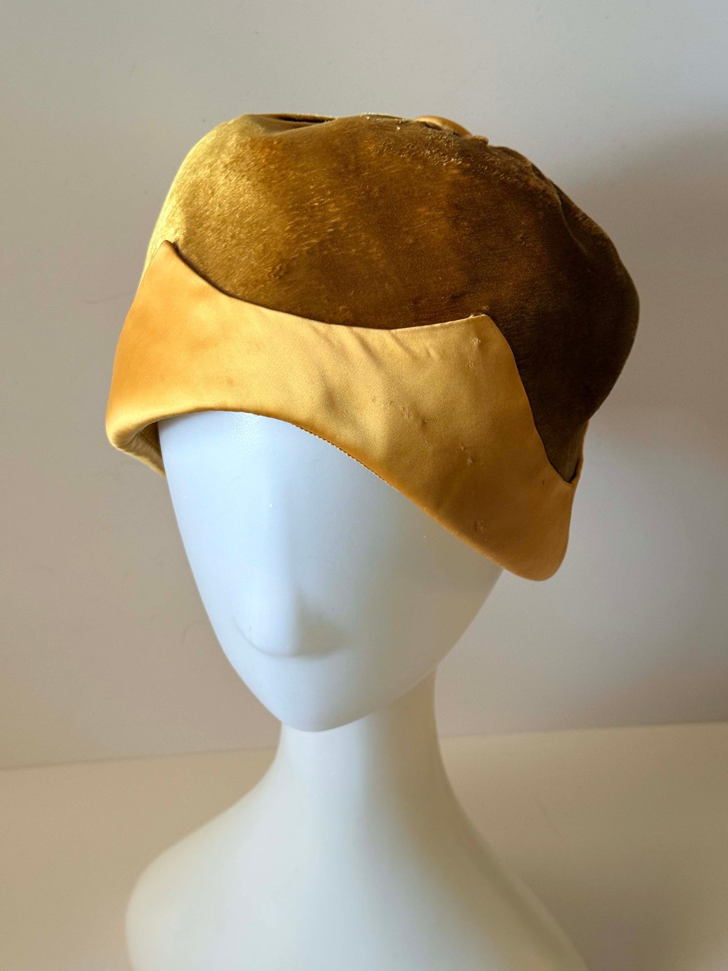 Vintage Adele Claire New York Pillbox Hat | Gold Velvet Cocktail Hat | 1960s Designer Millinery | Jackie O Style Formal Hat
