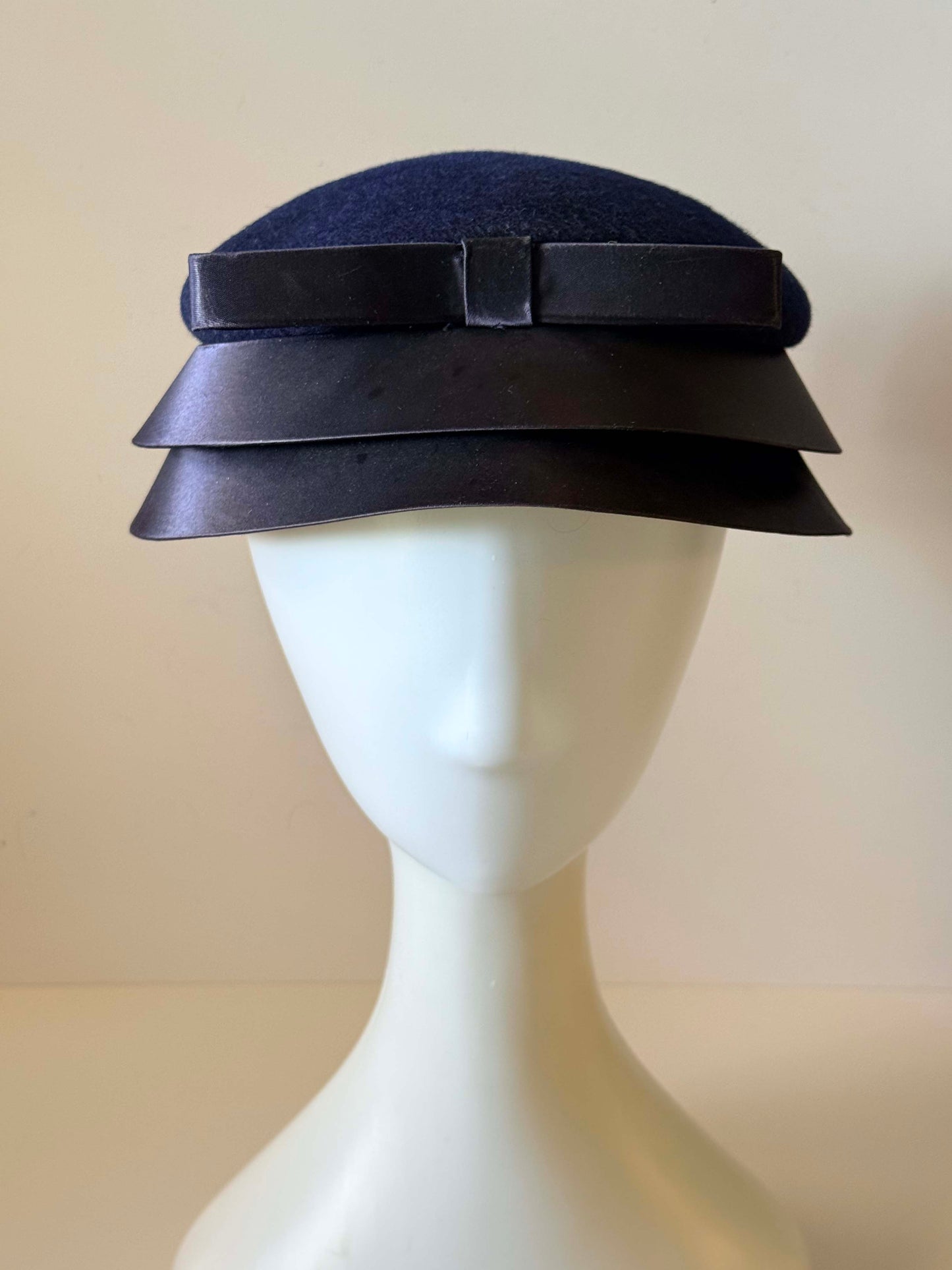 Vintage Navy Blue Breton Hat | 1960s Wool Felt Cloche Cap | Satin Brim Hat | Mod Cocktail Hat | Classic Millinery