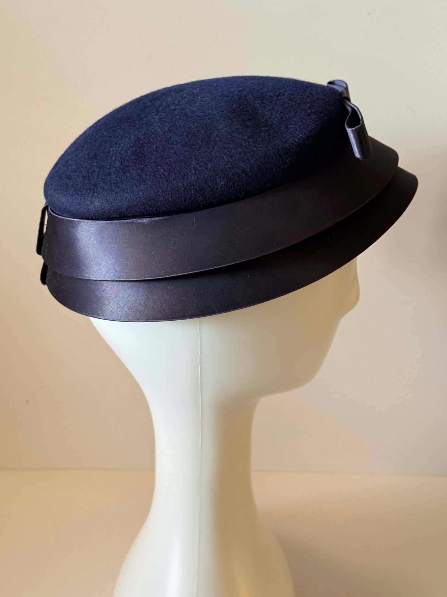 Vintage Navy Blue Breton Hat | 1960s Wool Felt Cloche Cap | Satin Brim Hat | Mod Cocktail Hat | Classic Millinery