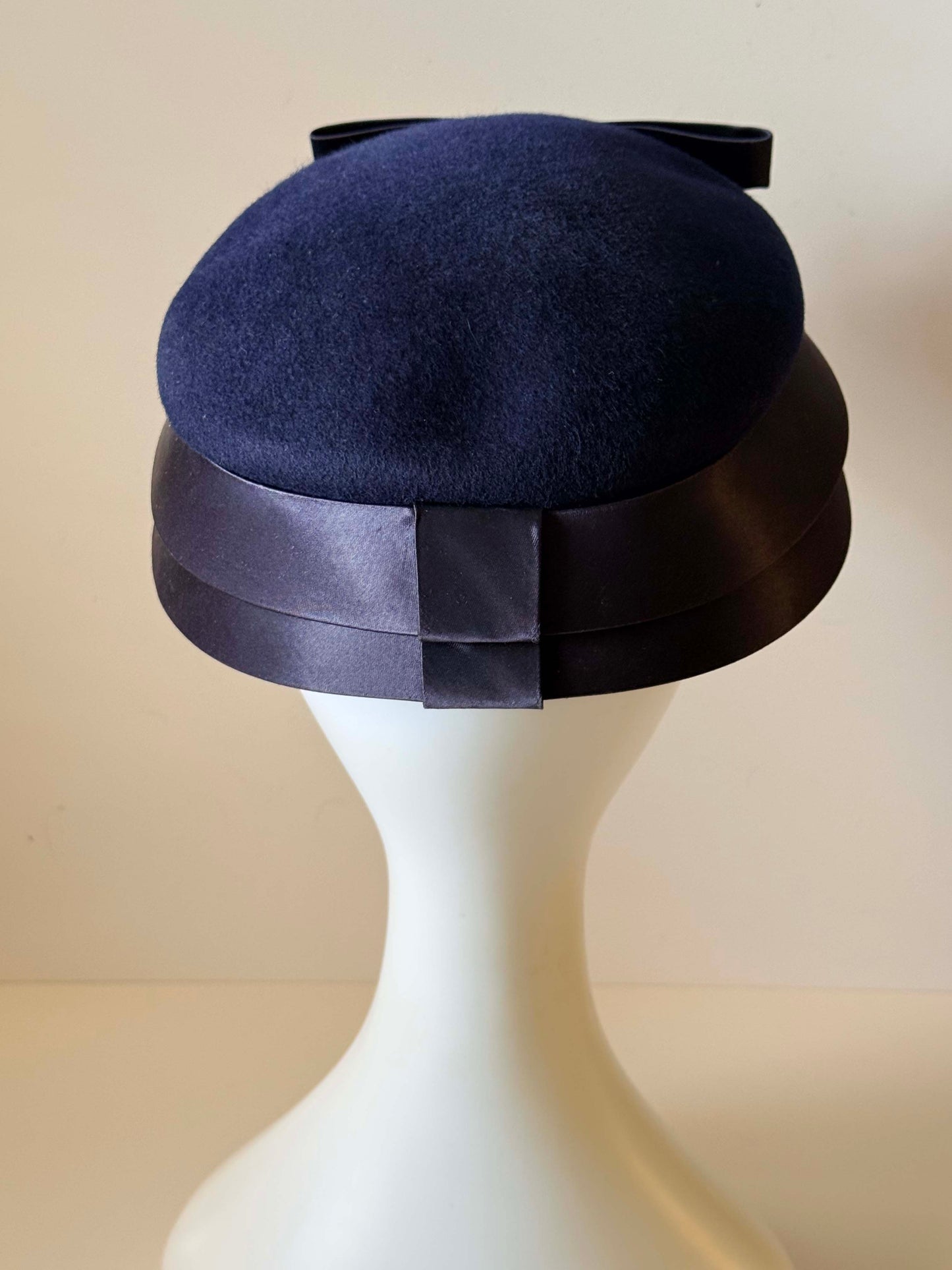 Vintage Navy Blue Breton Hat | 1960s Wool Felt Cloche Cap | Satin Brim Hat | Mod Cocktail Hat | Classic Millinery