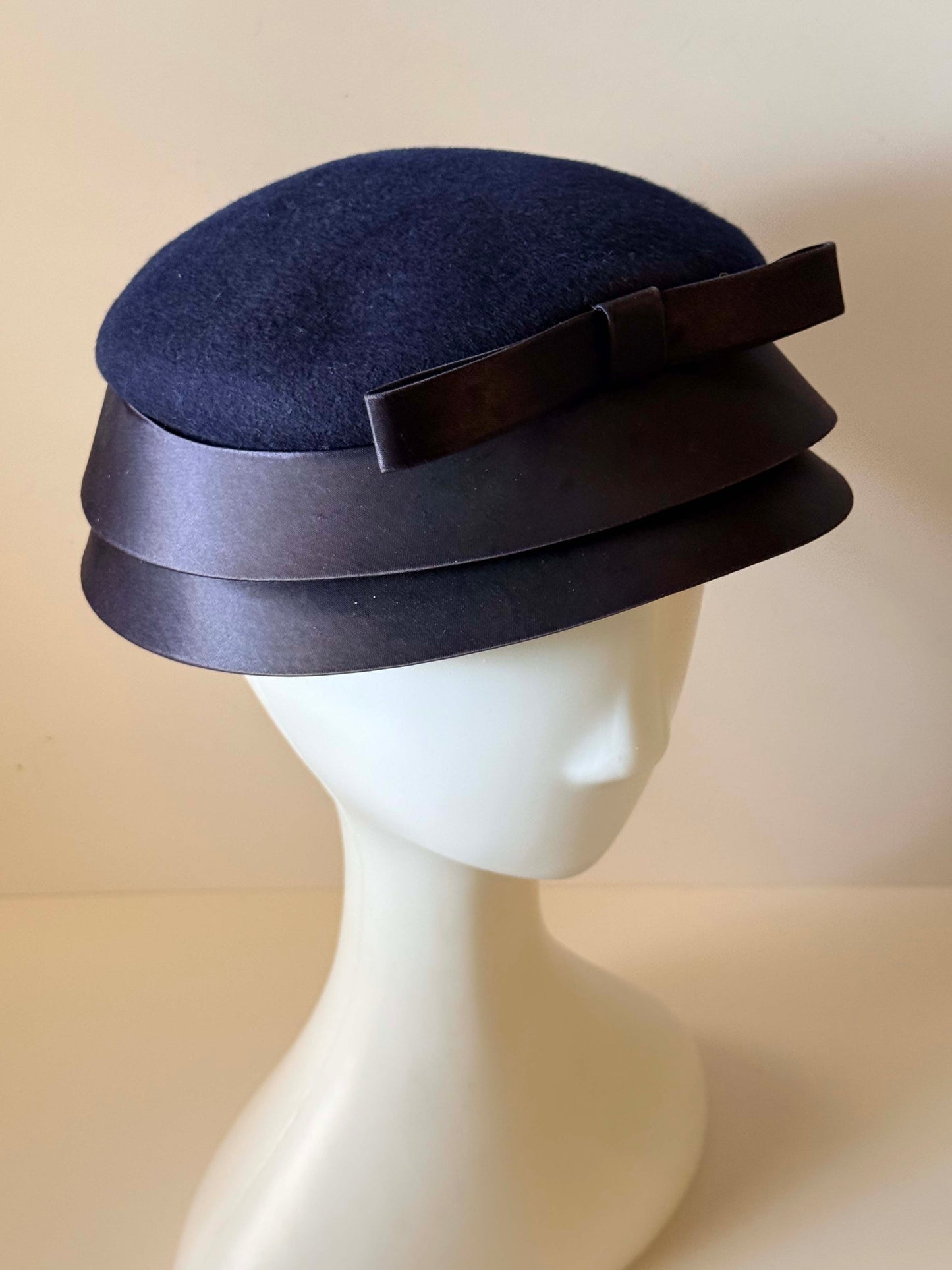 Vintage Navy Blue Breton Hat | 1960s Wool Felt Cloche Cap | Satin Brim Hat | Mod Cocktail Hat | Classic Millinery