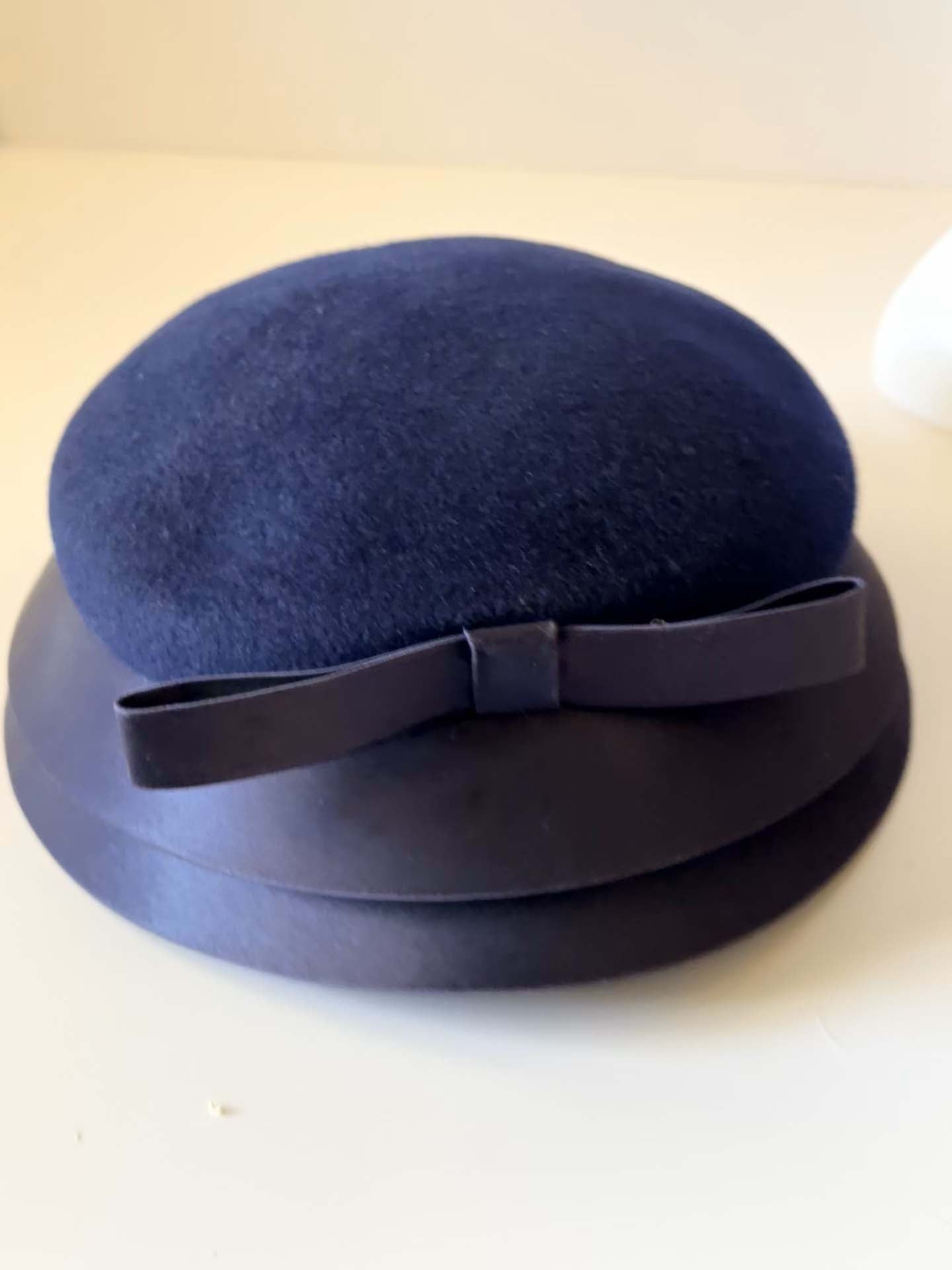 Vintage Navy Blue Breton Hat | 1960s Wool Felt Cloche Cap | Satin Brim Hat | Mod Cocktail Hat | Classic Millinery