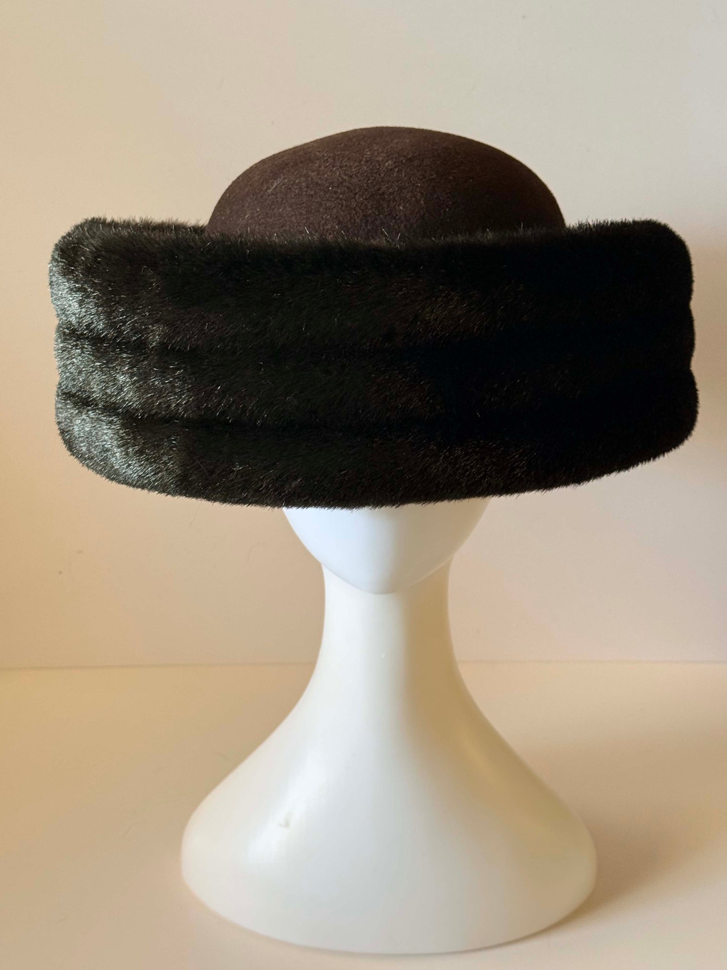 Vintage Mr. John Classic Fur Felt Hat | Brown Faux Mink Hat | 1960s Designer Millinery | Mod Winter Hat | Luxury Vintage Fur Trim Hat