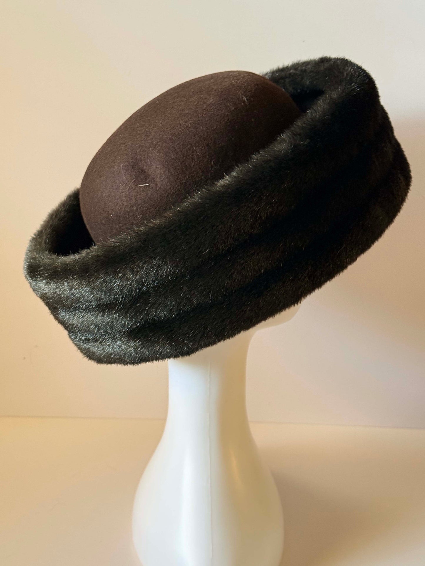 Vintage Mr. John Classic Fur Felt Hat | Brown Faux Mink Hat | 1960s Designer Millinery | Mod Winter Hat | Luxury Vintage Fur Trim Hat