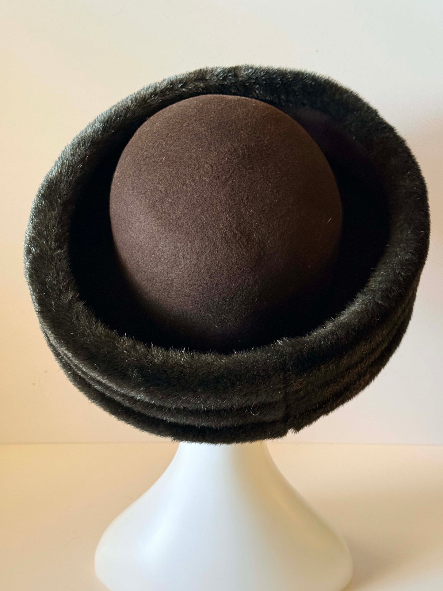 Vintage Mr. John Classic Fur Felt Hat | Brown Faux Mink Hat | 1960s Designer Millinery | Mod Winter Hat | Luxury Vintage Fur Trim Hat
