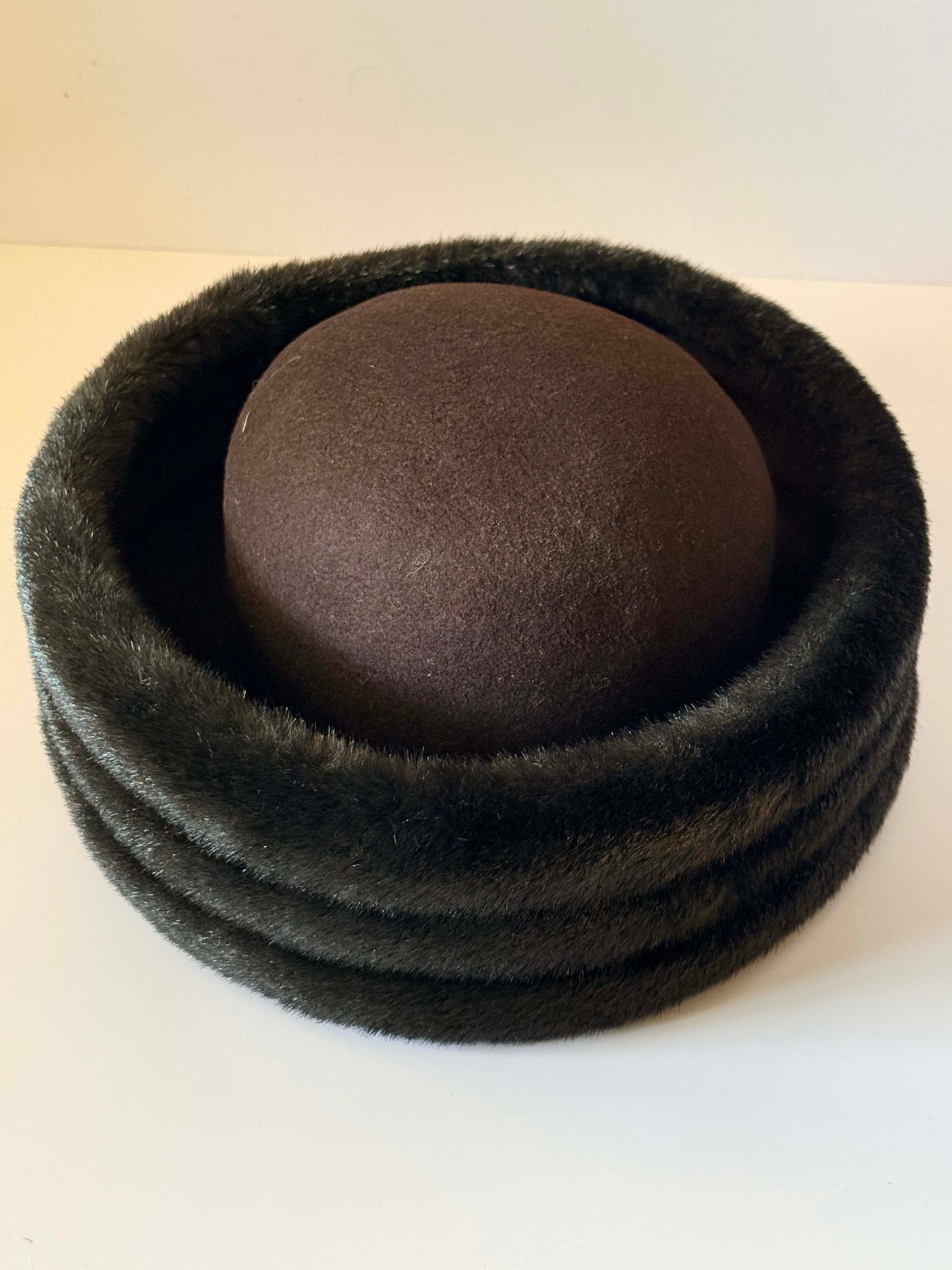 Vintage Mr. John Classic Fur Felt Hat | Brown Faux Mink Hat | 1960s Designer Millinery | Mod Winter Hat | Luxury Vintage Fur Trim Hat