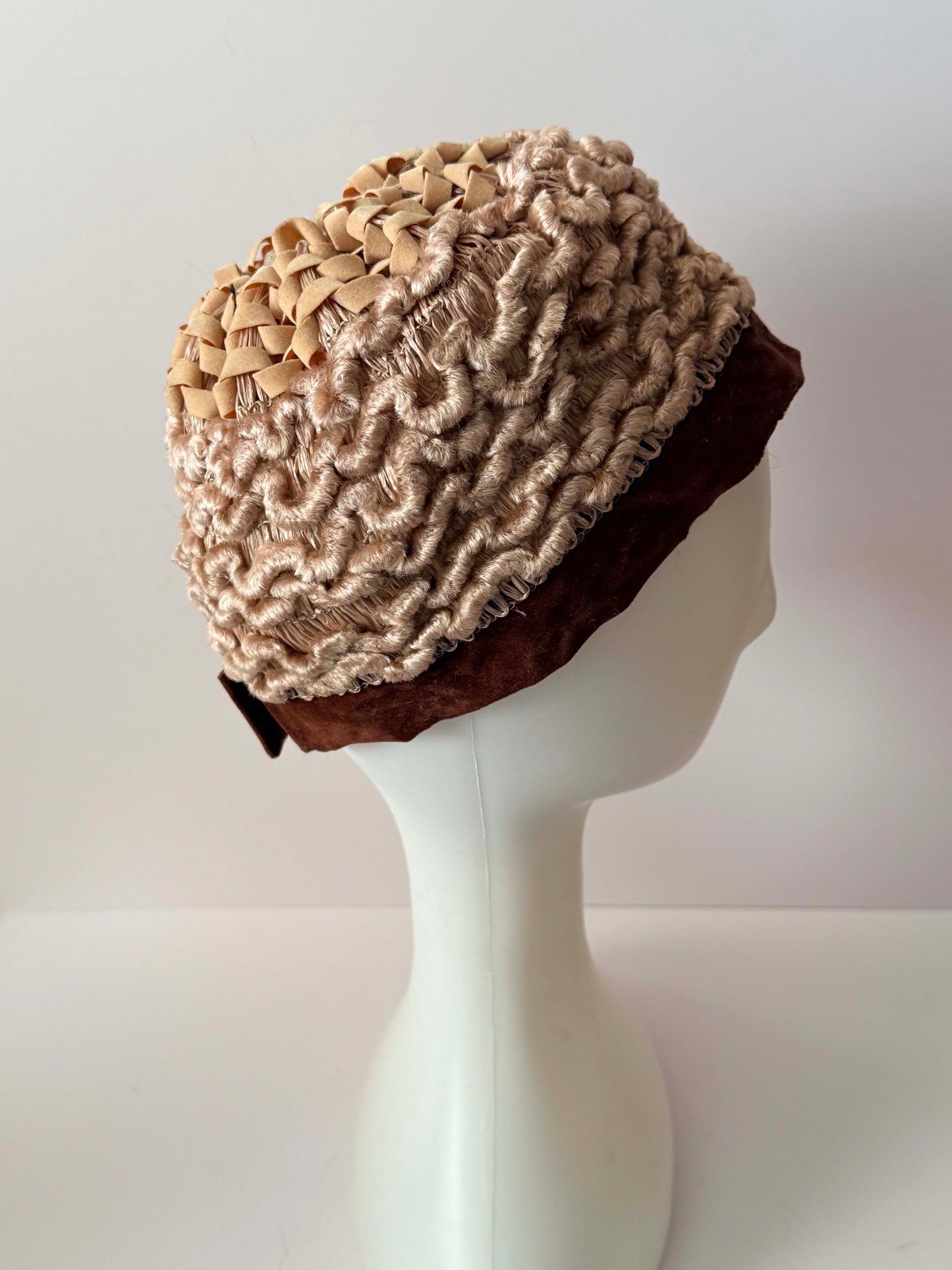 Vintage 1960s Textured Pillbox Hat | Beige Woven Cloche Cap | Velvet Trim Hat | Mid Century Cocktail Hat | Mod Era Vintage Millinery