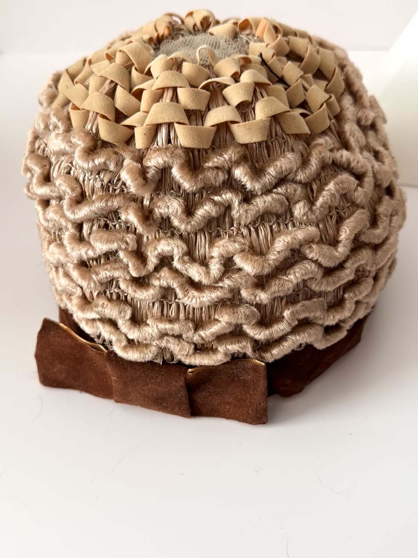 Vintage 1960s Textured Pillbox Hat | Beige Woven Cloche Cap | Velvet Trim Hat | Mid Century Cocktail Hat | Mod Era Vintage Millinery