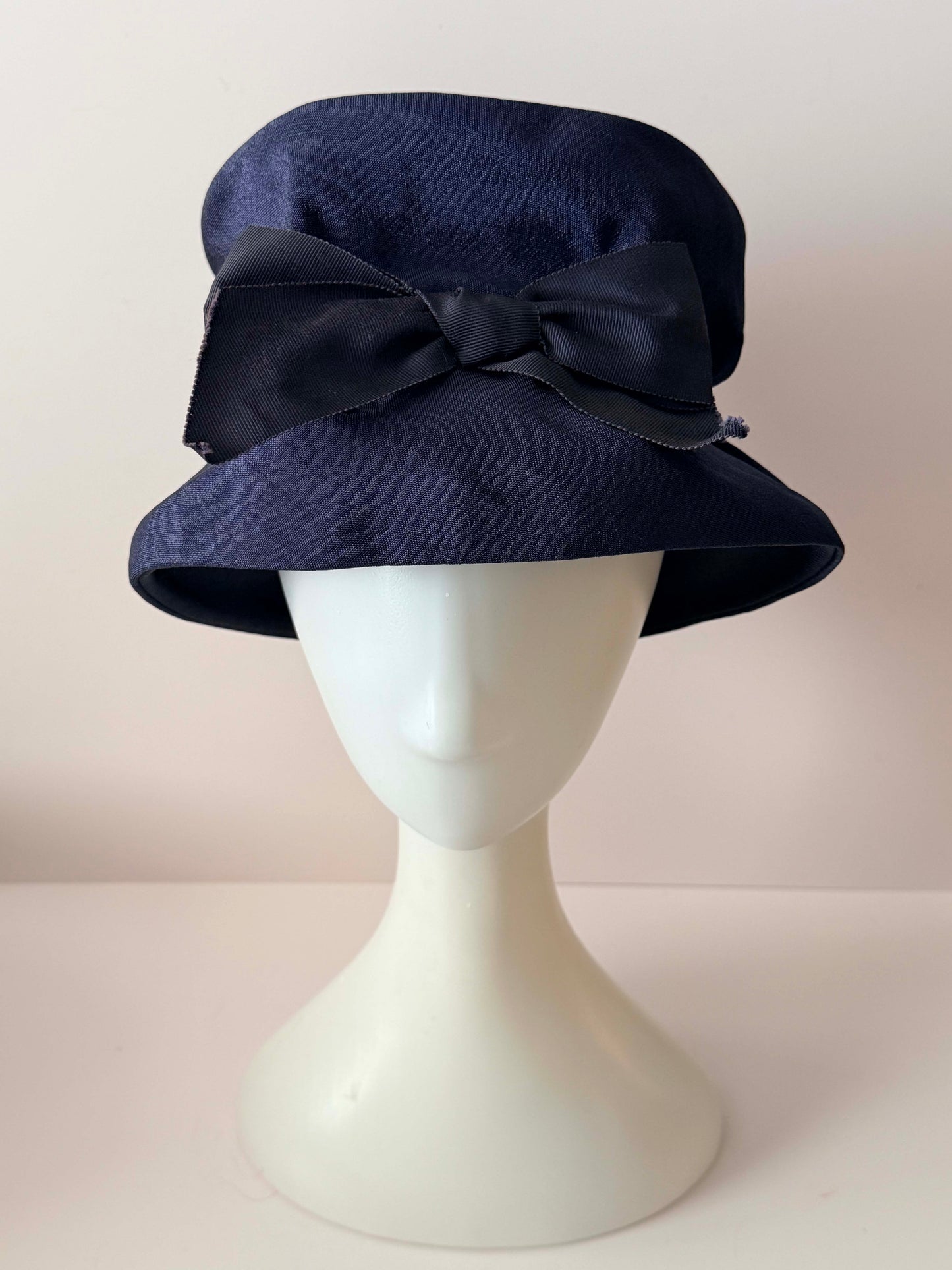 Vintage Navy Blue Bucket Hat | 1960s Mod Hat | Satin Cloche Style Hat | Navy Bow Hat | Elegant Church Hat | Jackie O Inspired Vintage Millinery