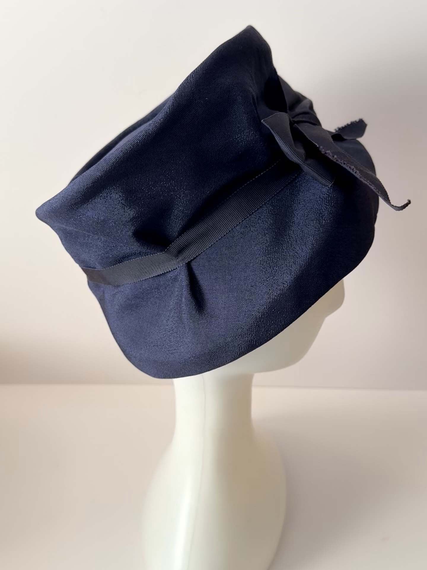 Vintage Navy Blue Bucket Hat | 1960s Mod Hat | Satin Cloche Style Hat | Navy Bow Hat | Elegant Church Hat | Jackie O Inspired Vintage Millinery