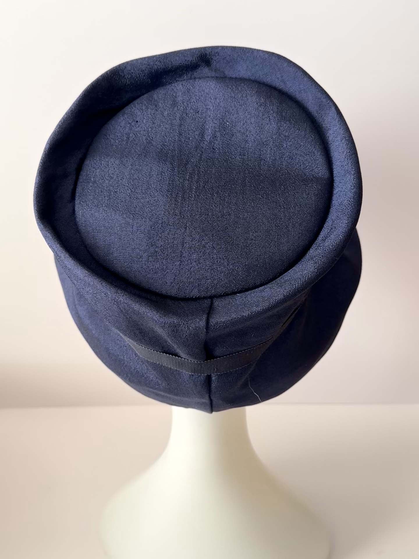 Vintage Navy Blue Bucket Hat | 1960s Mod Hat | Satin Cloche Style Hat | Navy Bow Hat | Elegant Church Hat | Jackie O Inspired Vintage Millinery