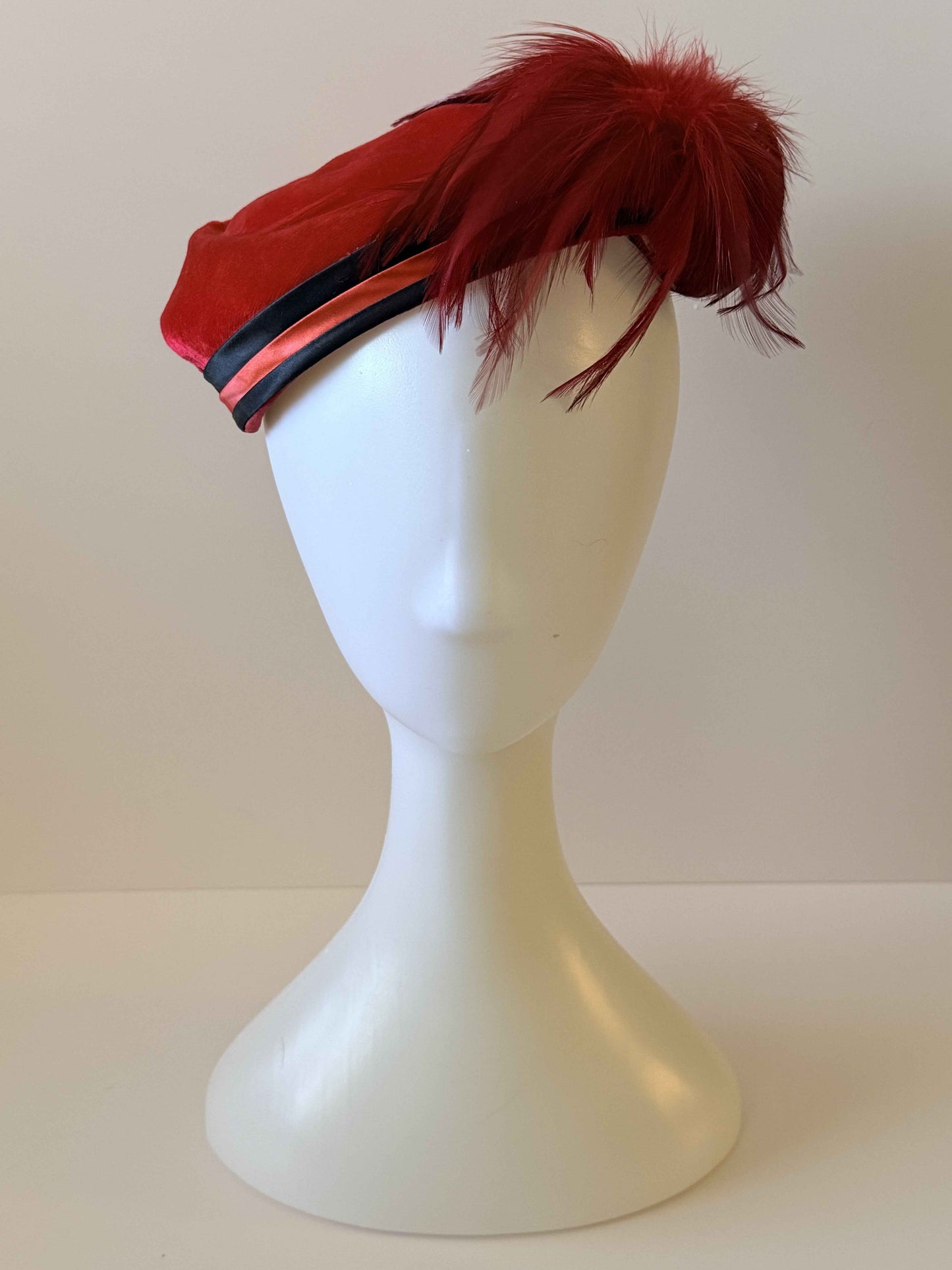 50's - 60's Vintage Red Velvet Hat with Feather Trim – Elegant Statement Cocktail Hat