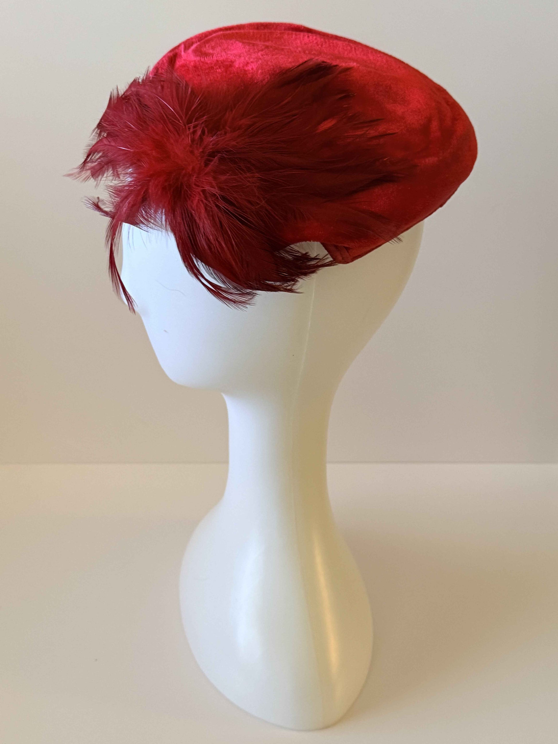 50's - 60's Vintage Red Velvet Hat with Feather Trim – Elegant Statement Cocktail Hat