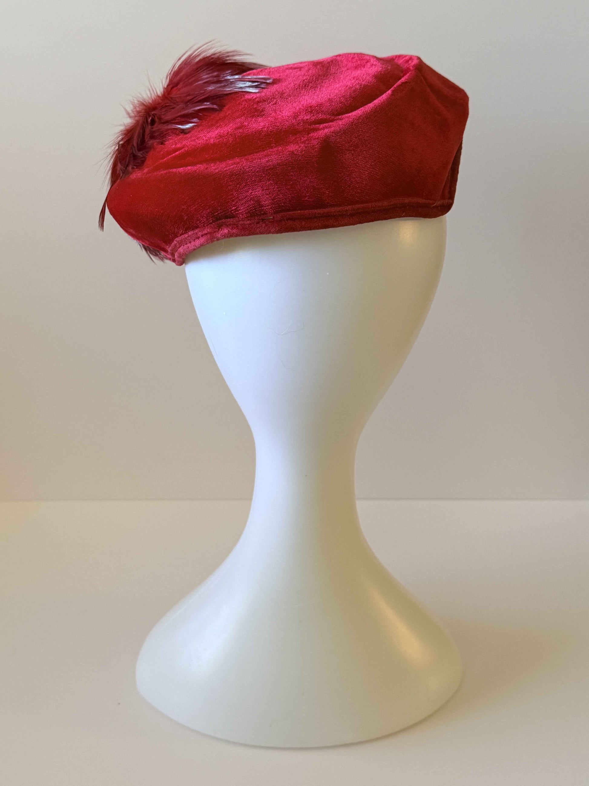 50's - 60's Vintage Red Velvet Hat with Feather Trim – Elegant Statement Cocktail Hat