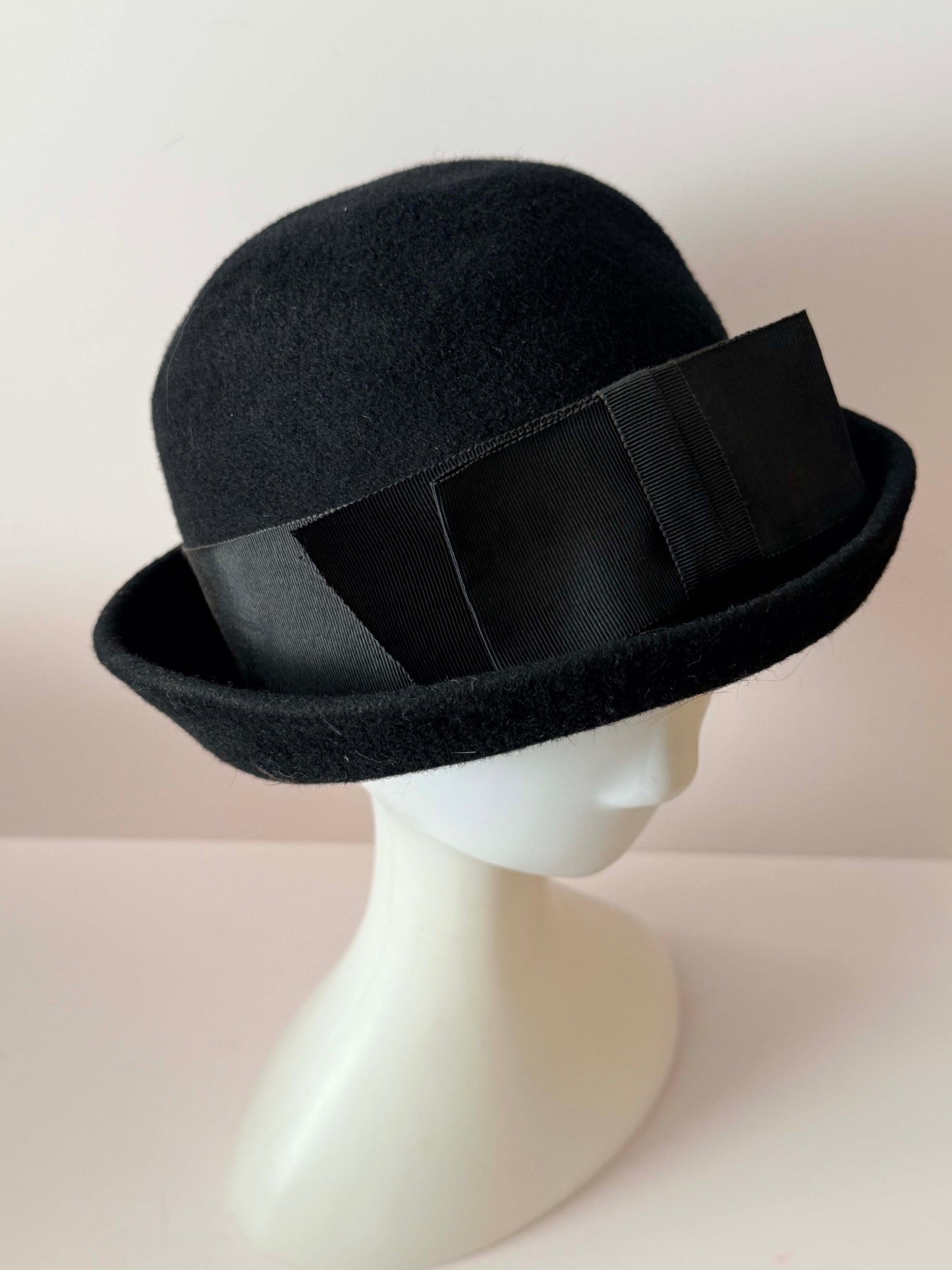 Vintage Black Wool Bowler Hat | Classic Derby Hat | Black Felt Bowler | Edwardian Style Hat | Minimalist Vintage Millinery