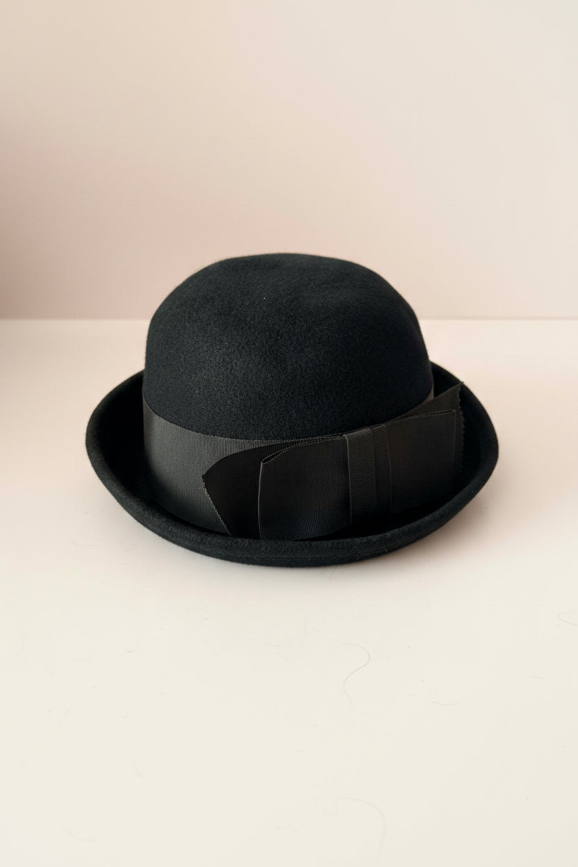 Vintage Black Wool Bowler Hat | Classic Derby Hat | Black Felt Bowler | Edwardian Style Hat | Minimalist Vintage Millinery