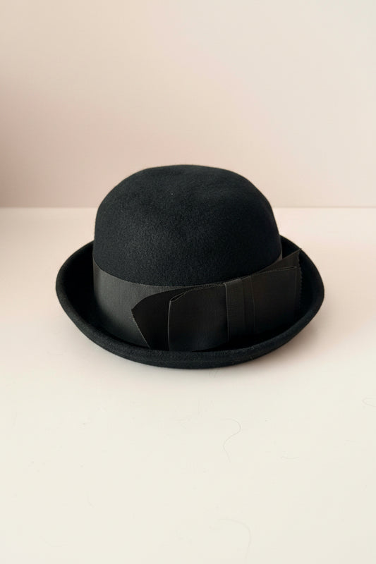 Vintage Black Wool Bowler Hat | Classic Derby Hat | Black Felt Bowler | Edwardian Style Hat | Minimalist Vintage Millinery