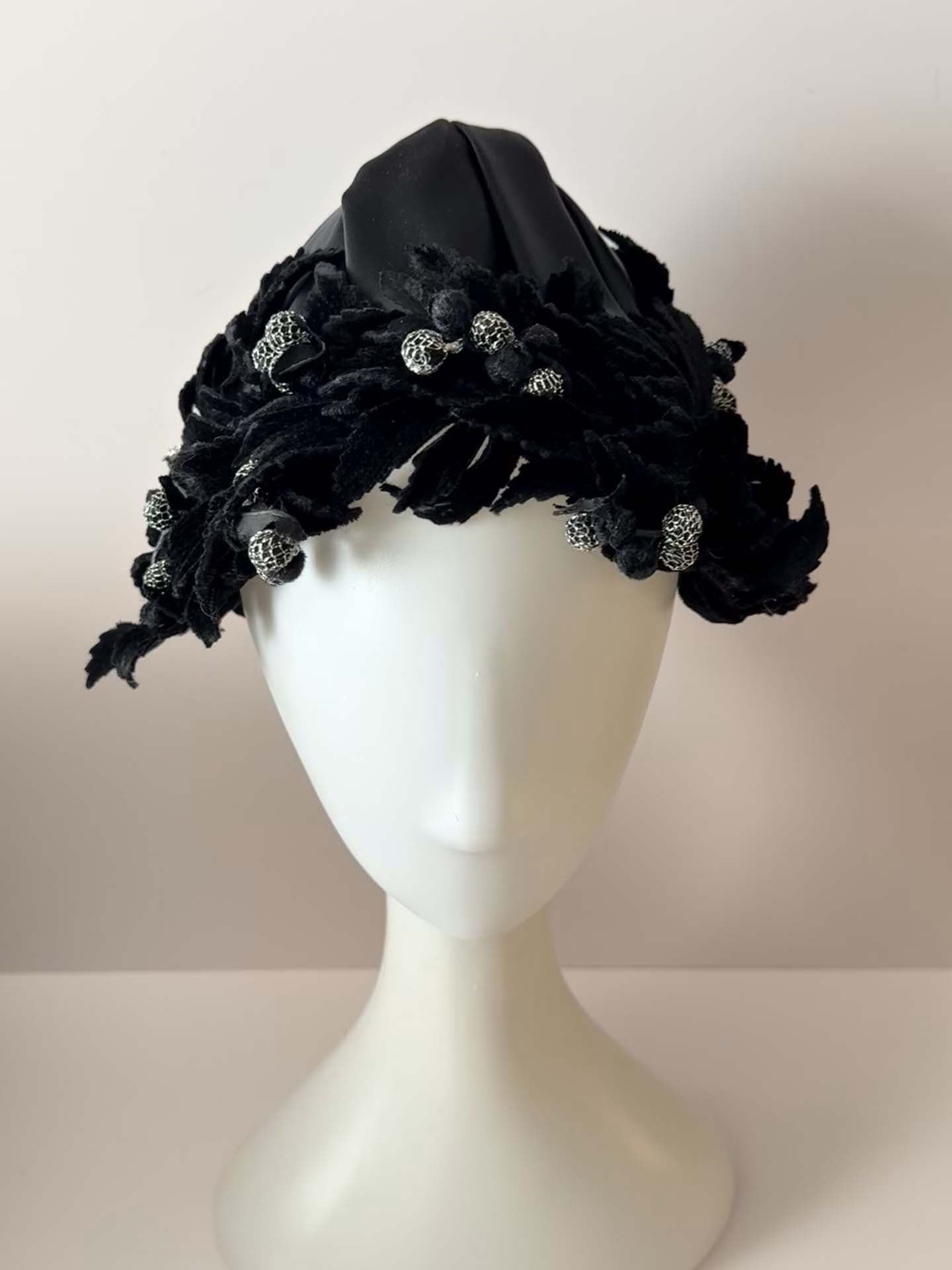 Vintage Black Satin Floral Cocktail Hat | 1950s Floral Toque Hat | Black Velvet Leaf Hat | Evening Cocktail Hat | Hollywood Glamour Millinery