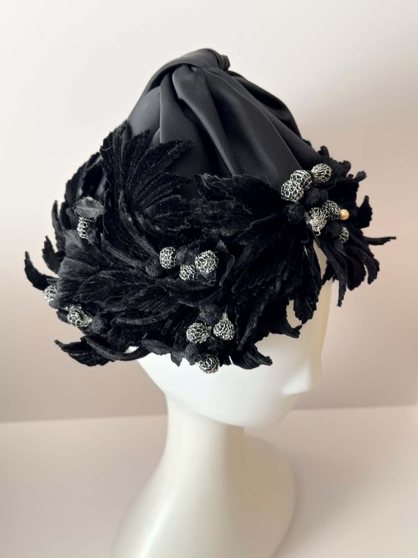 Vintage Black Satin Floral Cocktail Hat | 1950s Floral Toque Hat | Black Velvet Leaf Hat | Evening Cocktail Hat | Hollywood Glamour Millinery