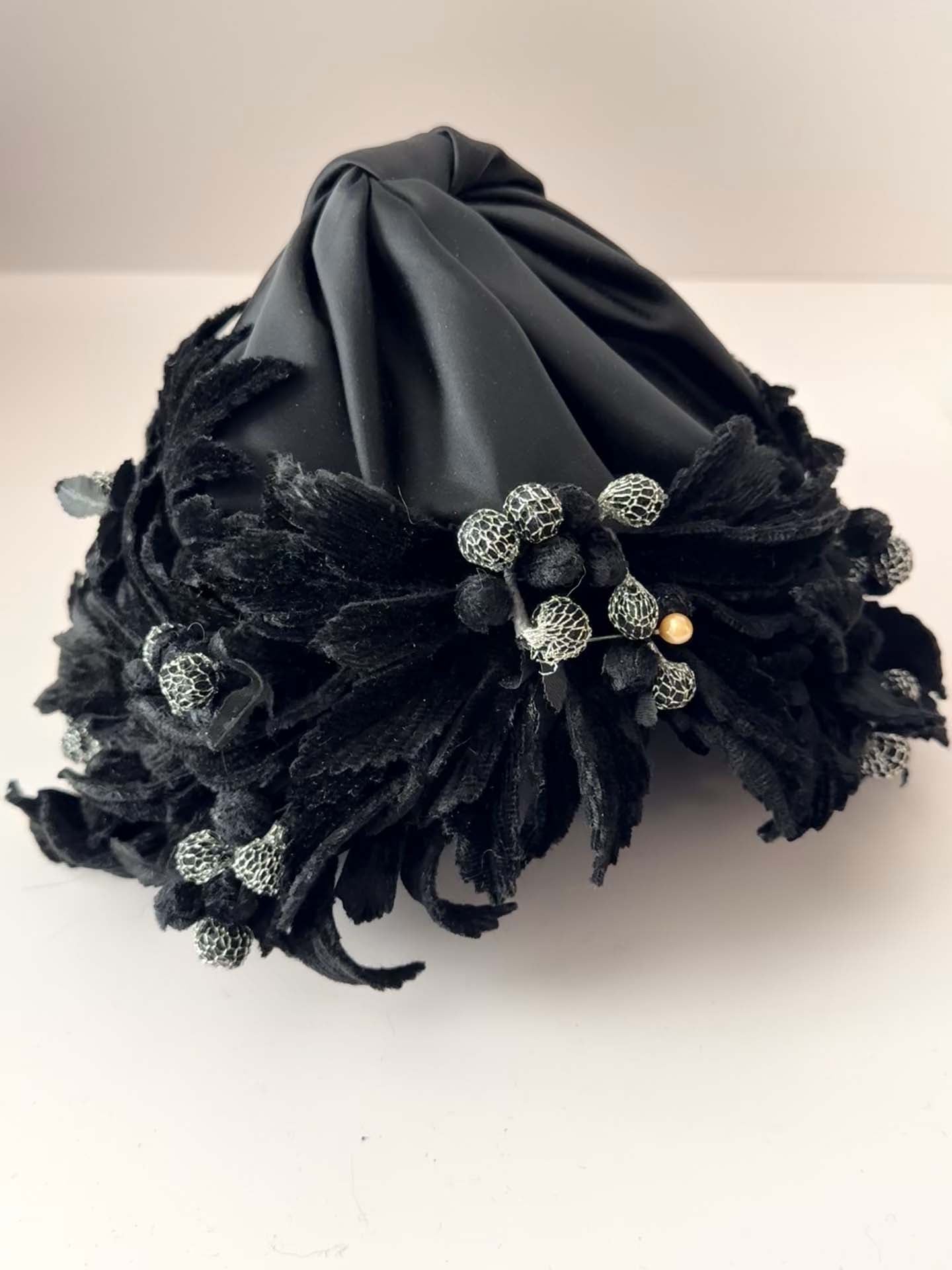 Vintage Black Satin Floral Cocktail Hat | 1950s Floral Toque Hat | Black Velvet Leaf Hat | Evening Cocktail Hat | Hollywood Glamour Millinery