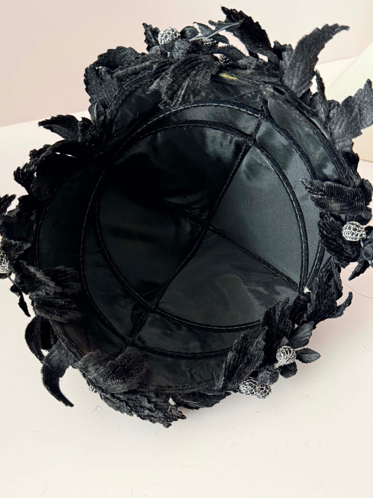 Vintage Black Satin Floral Cocktail Hat | 1950s Floral Toque Hat | Black Velvet Leaf Hat | Evening Cocktail Hat | Hollywood Glamour Millinery