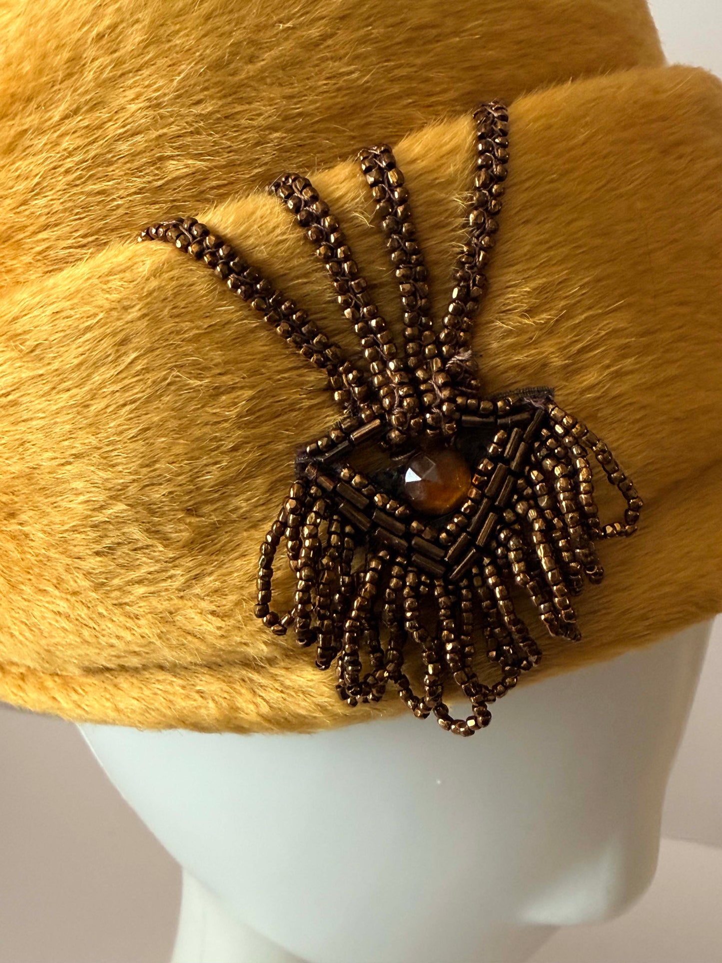 Vintage Camel Fur Pillbox Hat | 1960s Fur Felt Cloche Hat | Beaded Art Deco Accent | Mod Winter Millinery | Size 22