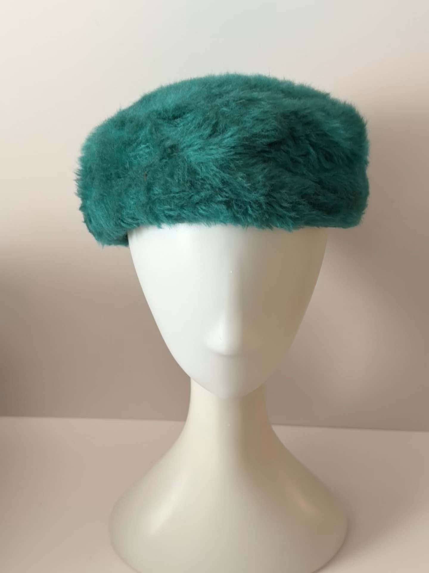 Vintage Emerald Green Faux Fur Pillbox Hat | 1960s Mod Winter Hat | Bright Teal Green Furry Hat | Retro Statement Millinery
