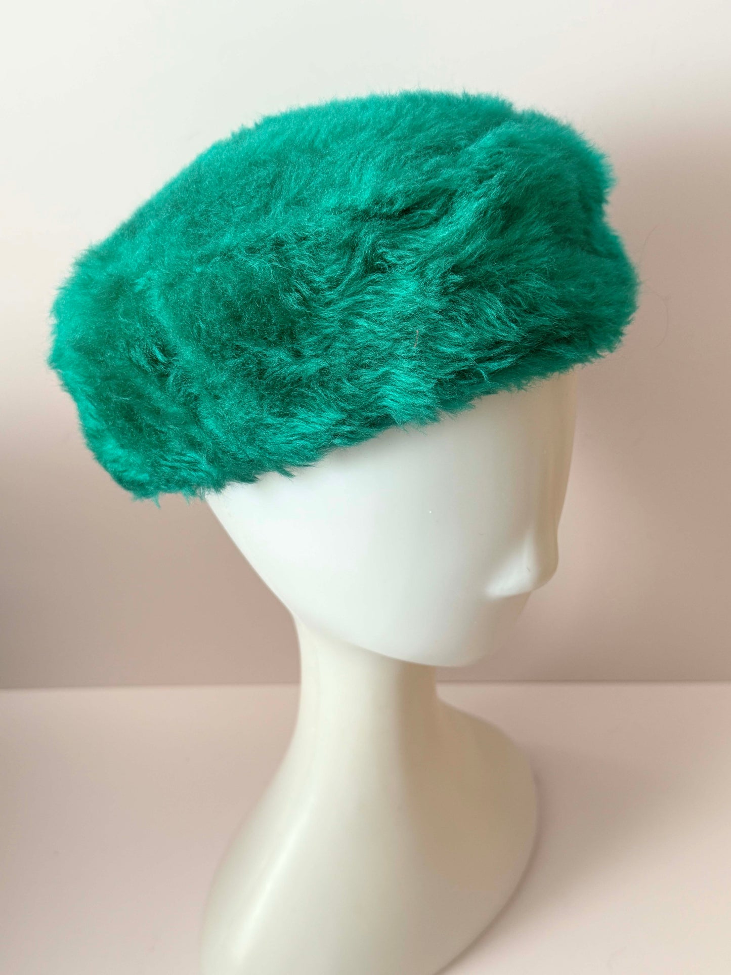 Vintage Emerald Green Faux Fur Pillbox Hat | 1960s Mod Winter Hat | Bright Teal Green Furry Hat | Retro Statement Millinery