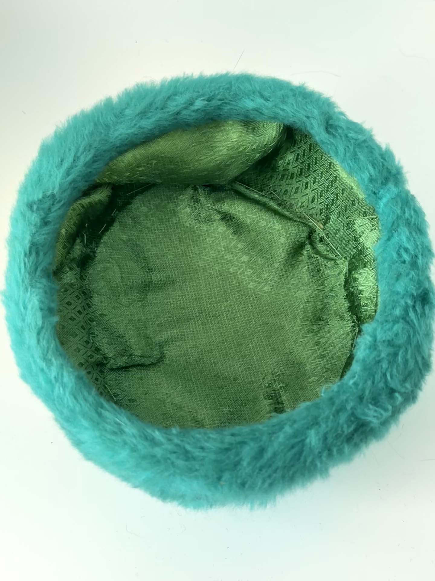 Vintage Emerald Green Faux Fur Pillbox Hat | 1960s Mod Winter Hat | Bright Teal Green Furry Hat | Retro Statement Millinery