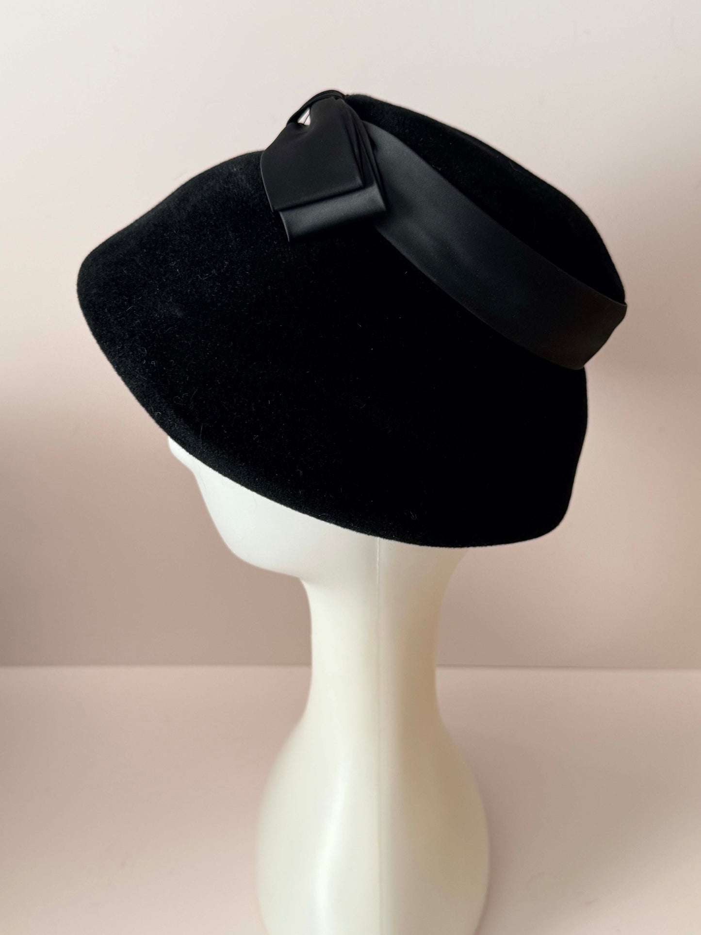 Vintage Black Wool Bucket Hat | Wilshire Italy Hat | 1960s Black Felt Hat |Audrey Hepburn Bucket Hat | Classic Ribbon Bow Hat