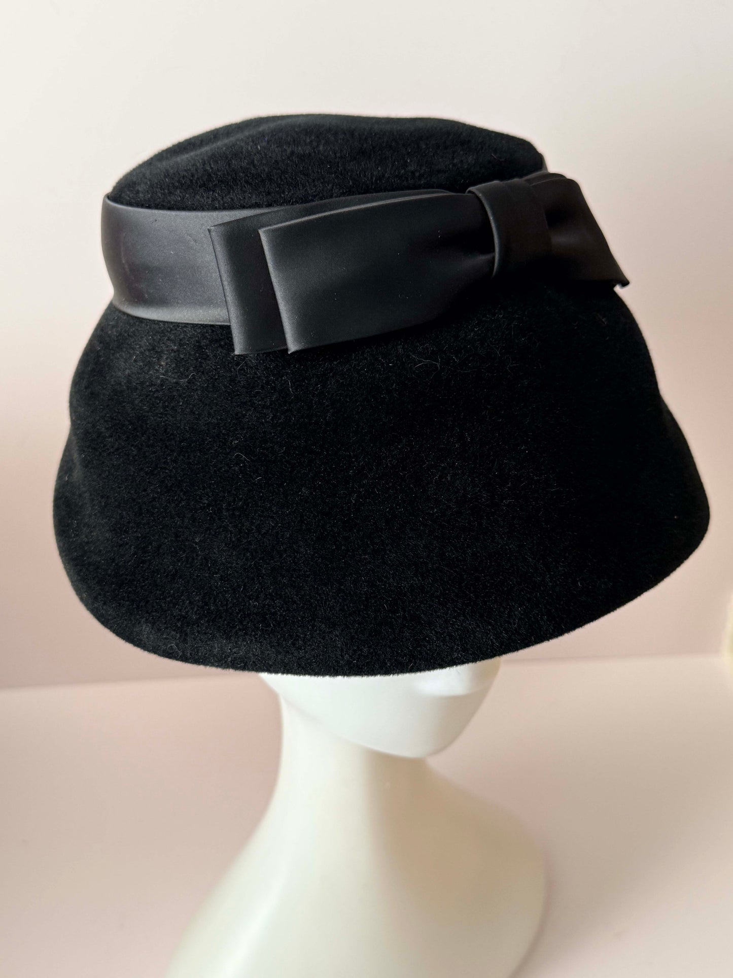 Vintage Black Wool Bucket Hat | Wilshire Italy Hat | 1960s Black Felt Hat |Audrey Hepburn Bucket Hat | Classic Ribbon Bow Hat