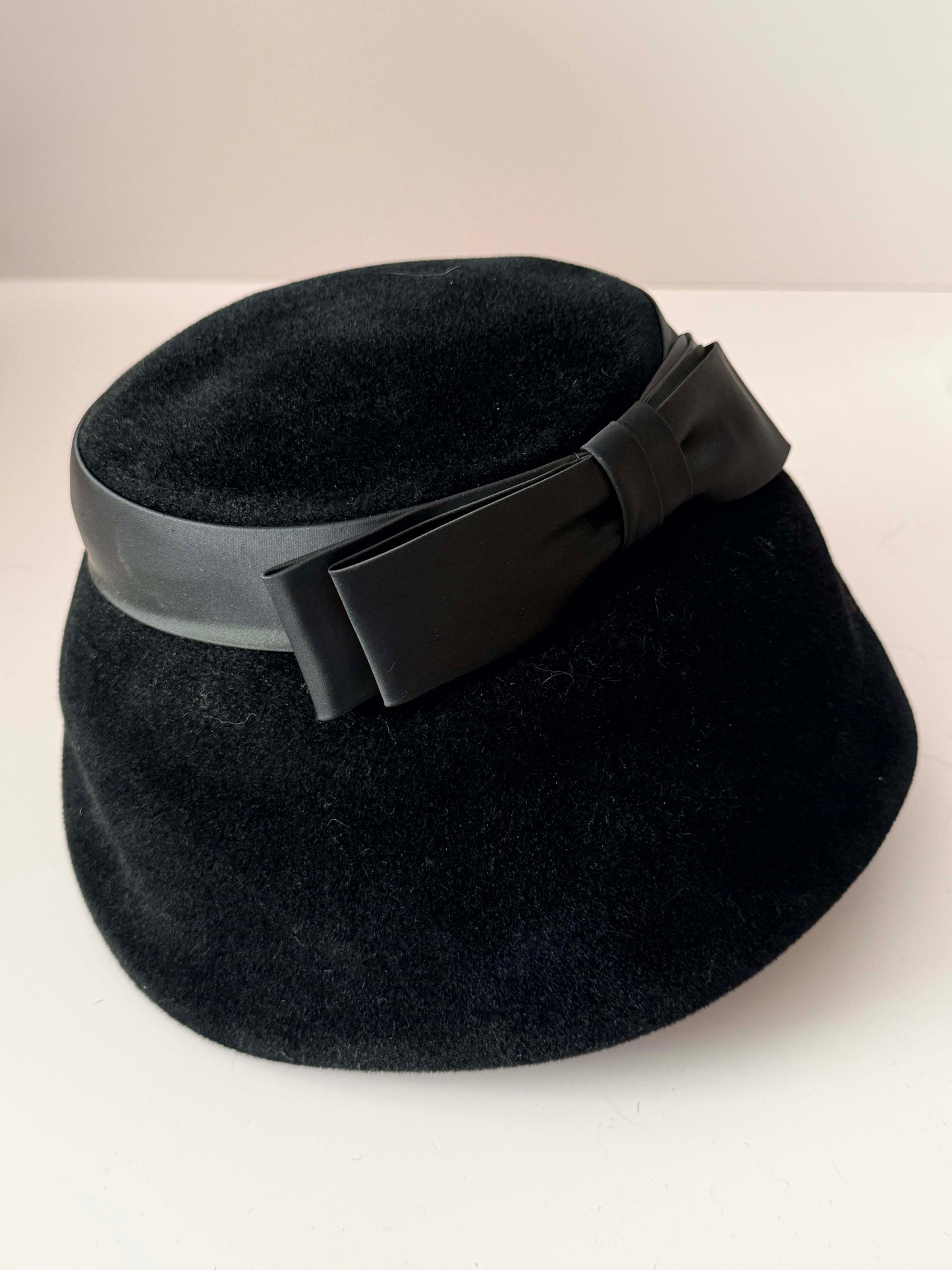 Vintage Black Wool Bucket Hat | Wilshire Italy Hat | 1960s Black Felt Hat |Audrey Hepburn Bucket Hat | Classic Ribbon Bow Hat