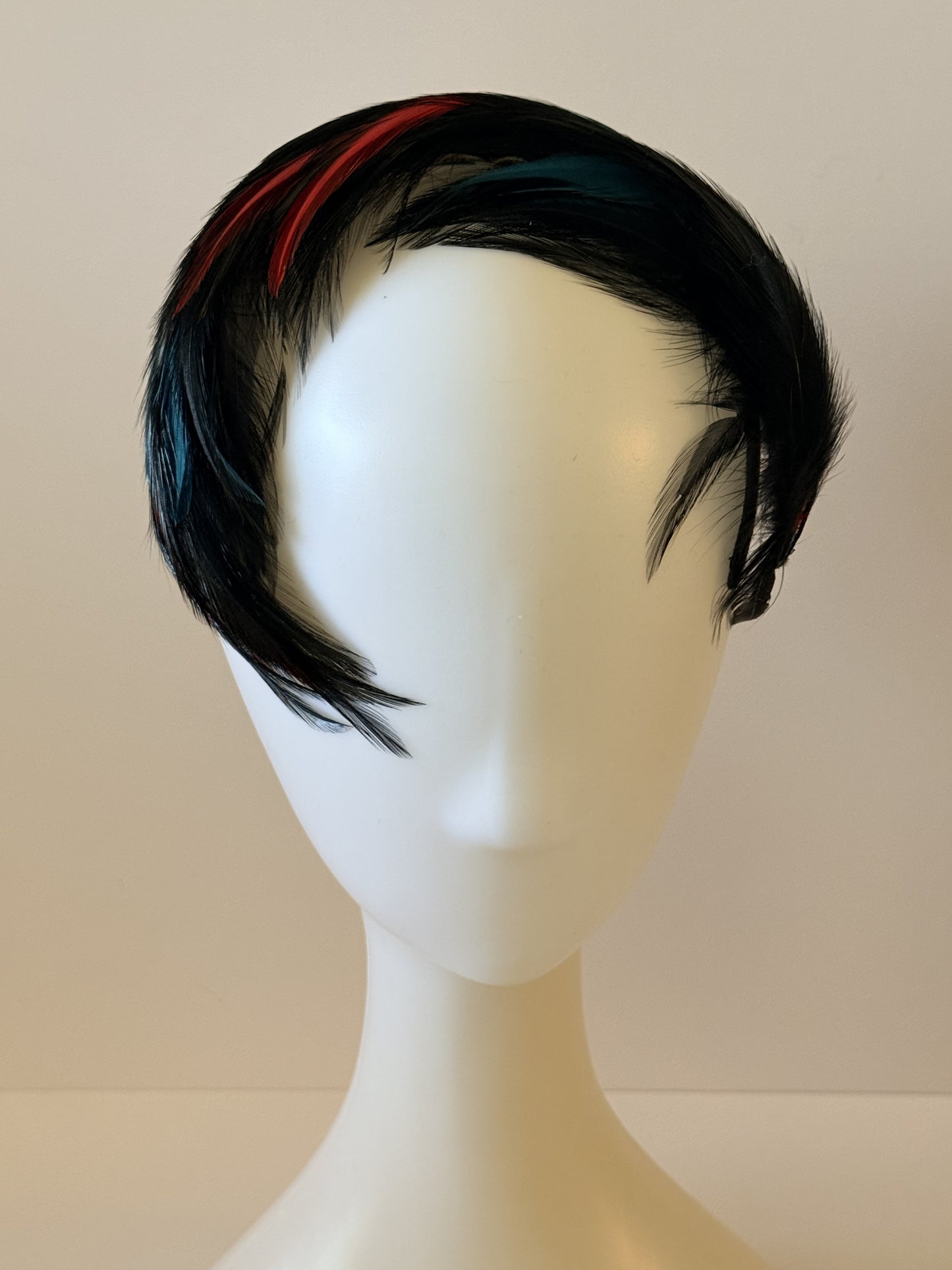 Vintage Starlet Feather Fascinator | 1940s–1950s Black, Red & Aqua Old Hollywood Hat