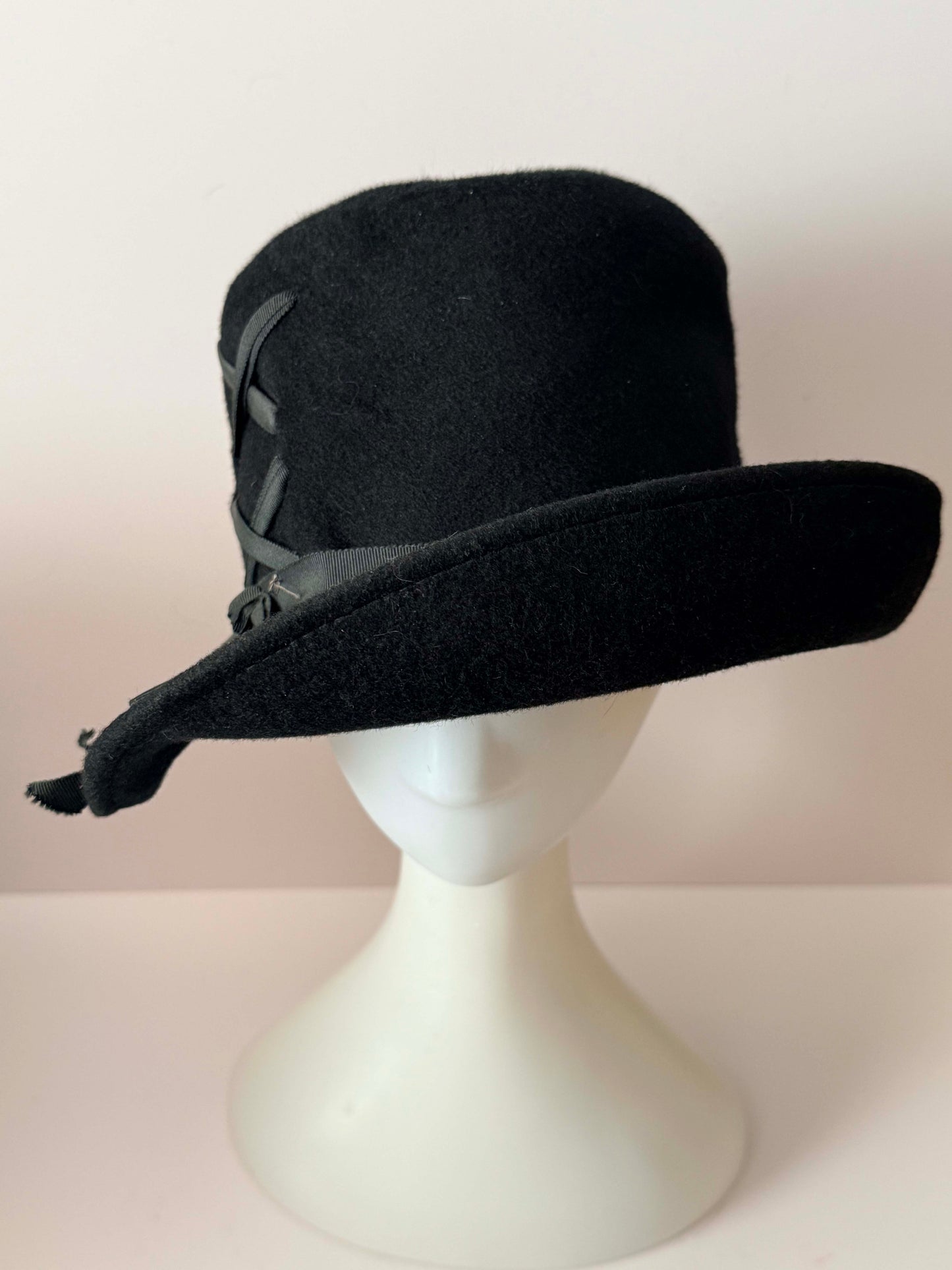 Vintage Black Wool Top Hat | Tove Italy Hat | Asymmetrical Brim Hat | Avant Garde Millinery | Gothic Black Felt Hat