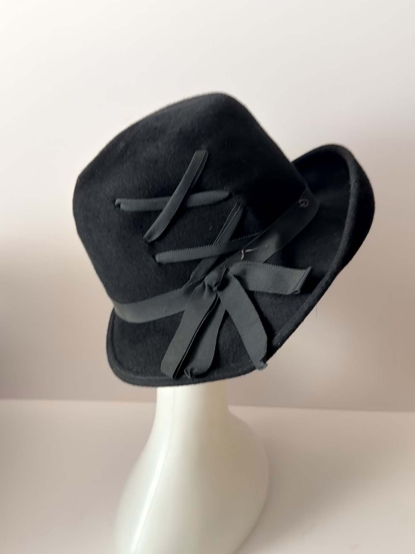 Vintage Black Wool Top Hat | Tove Italy Hat | Asymmetrical Brim Hat | Avant Garde Millinery | Gothic Black Felt Hat
