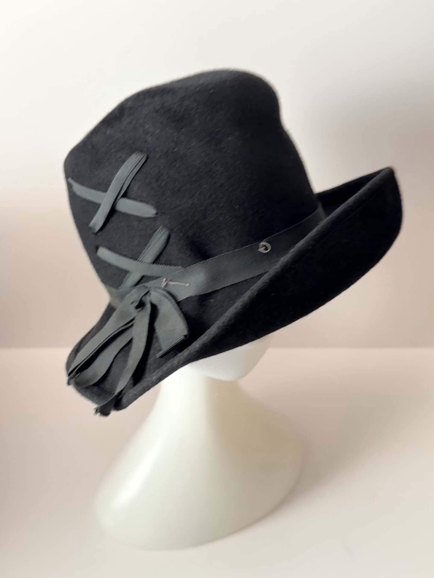 Vintage Black Wool Top Hat | Tove Italy Hat | Asymmetrical Brim Hat | Avant Garde Millinery | Gothic Black Felt Hat