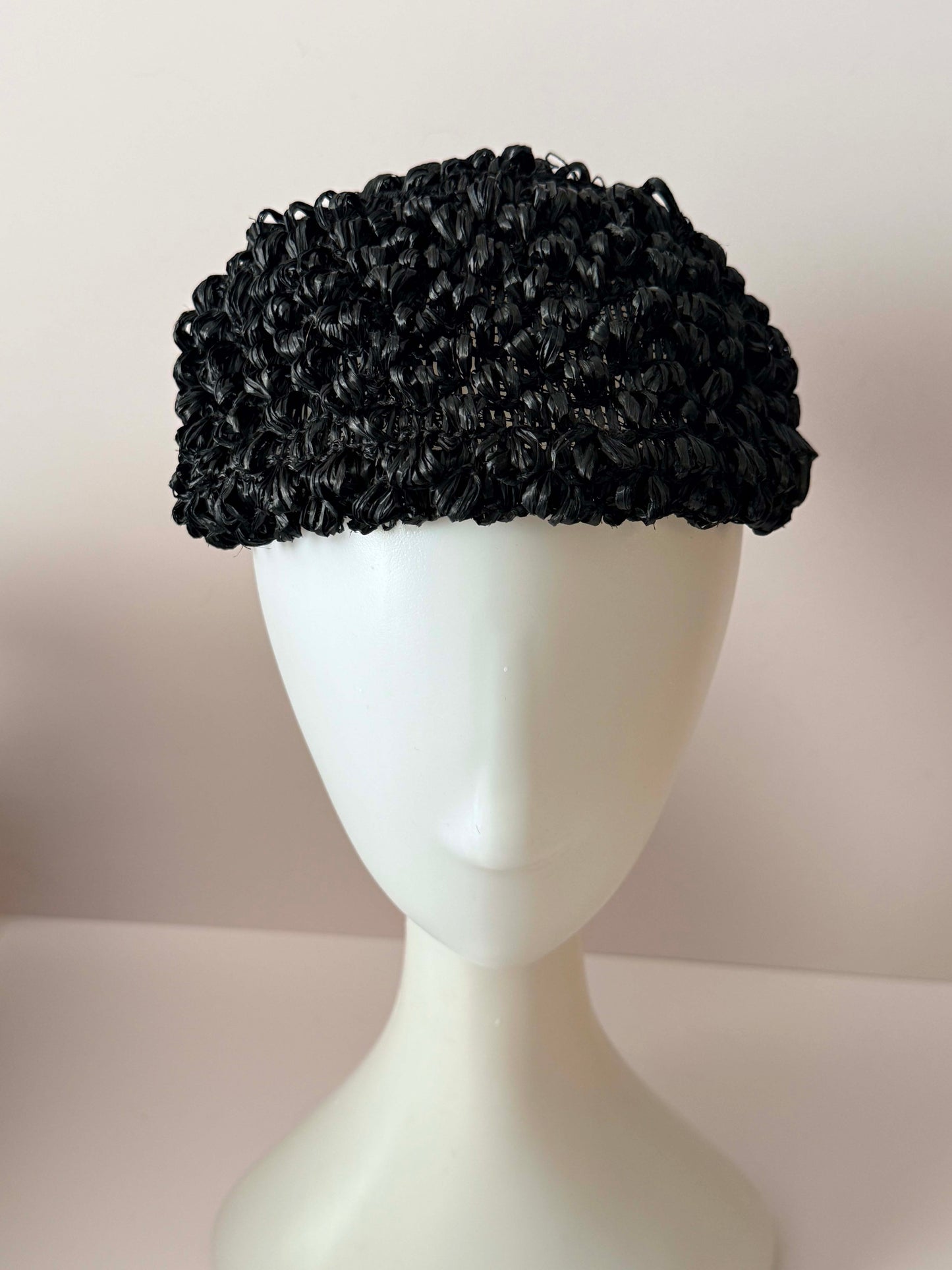 Vintage Black Raffia Pillbox Hat | 1960s Textured Straw Hat | Black Cocktail Hat | Mid Century Millinery | Jackie O Style Hat