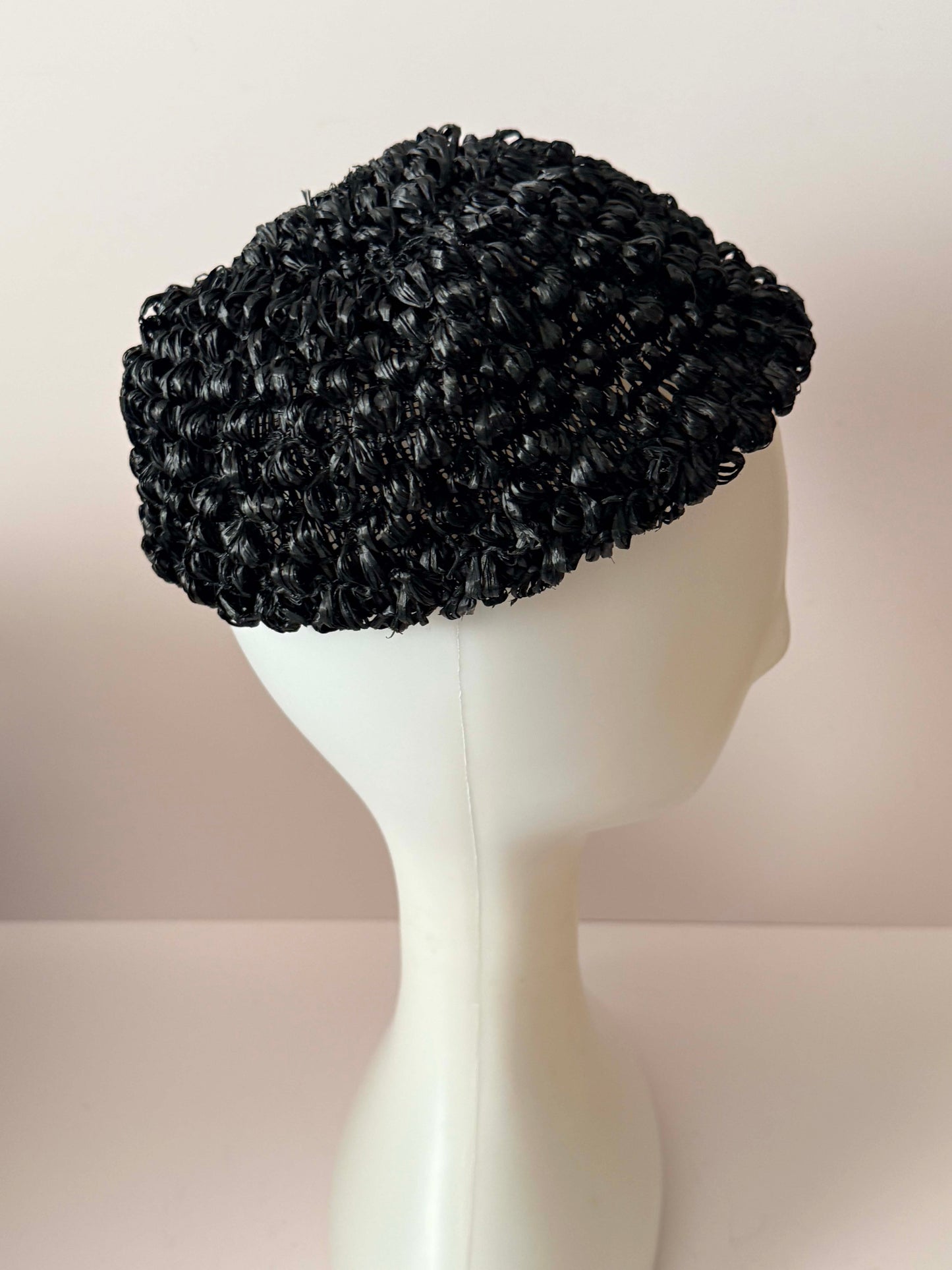 Vintage Black Raffia Pillbox Hat | 1960s Textured Straw Hat | Black Cocktail Hat | Mid Century Millinery | Jackie O Style Hat