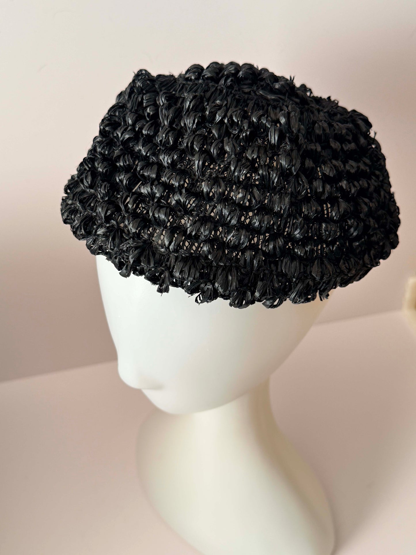 Vintage Black Raffia Pillbox Hat | 1960s Textured Straw Hat | Black Cocktail Hat | Mid Century Millinery | Jackie O Style Hat