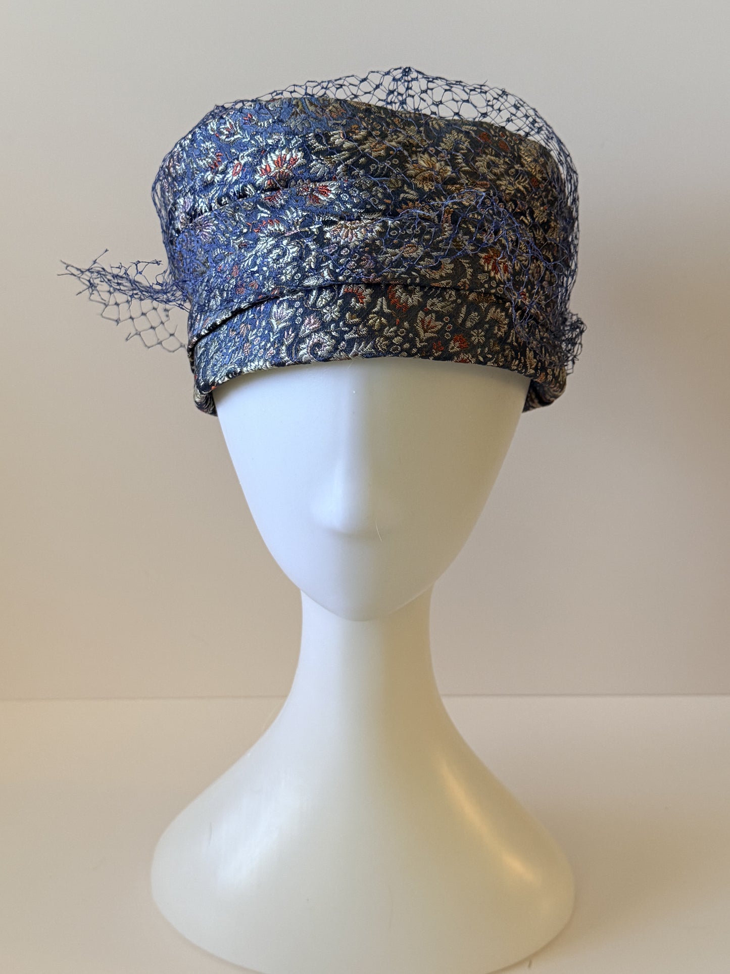 Vintage Royal Blue Silk Brocade & Net Paisley Cloche Hat | 1950s–1960s Elegant Cocktail Hat