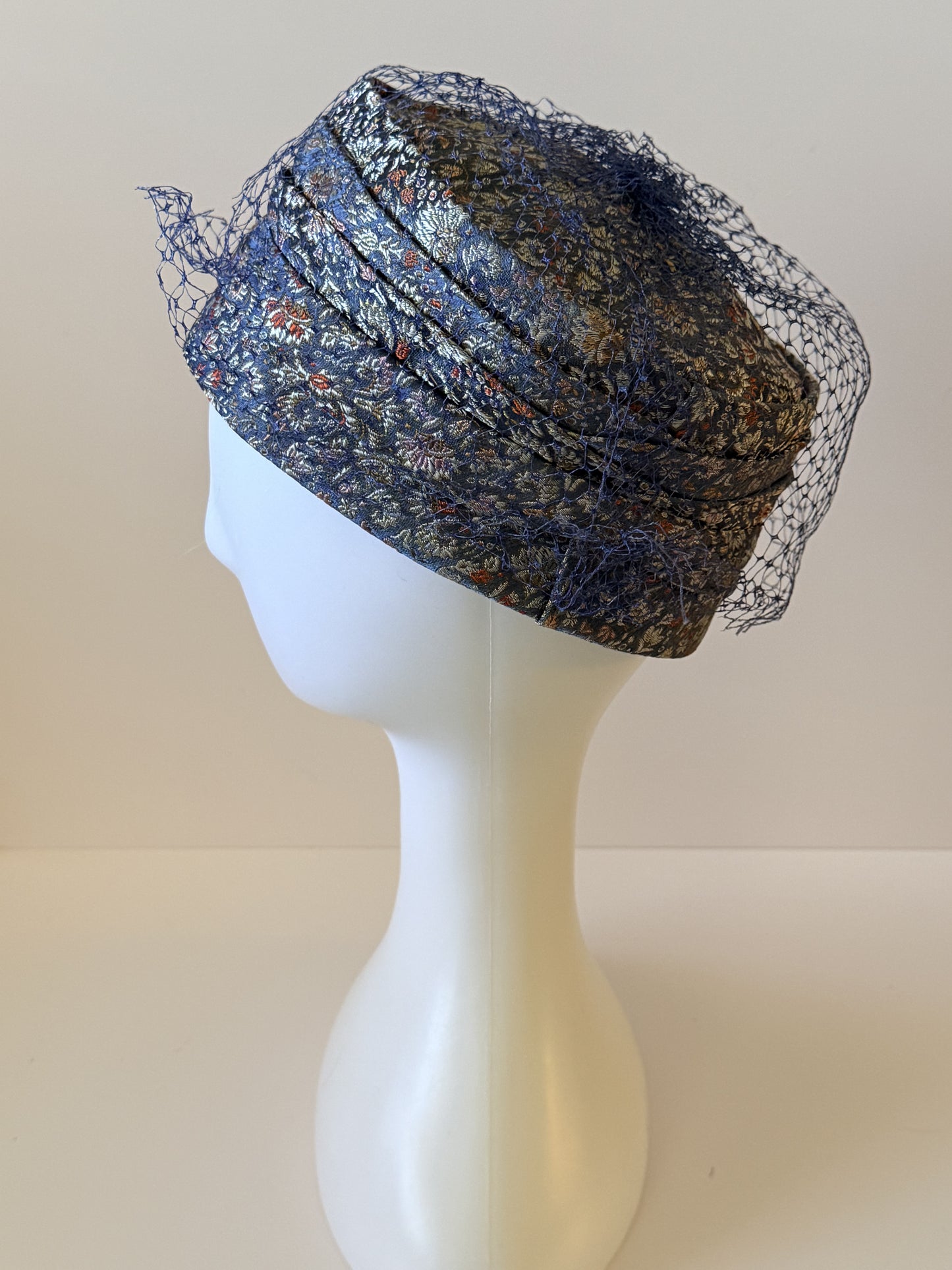 Vintage Royal Blue Silk Brocade & Net Paisley Cloche Hat | 1950s–1960s Elegant Cocktail Hat
