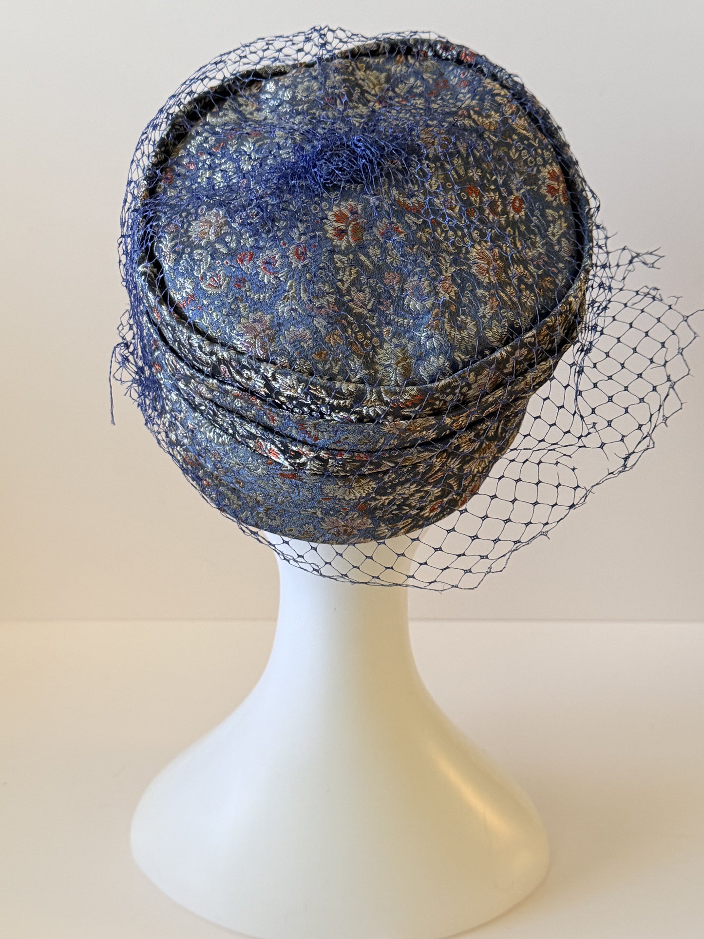 Vintage Royal Blue Silk Brocade & Net Paisley Cloche Hat | 1950s–1960s Elegant Cocktail Hat