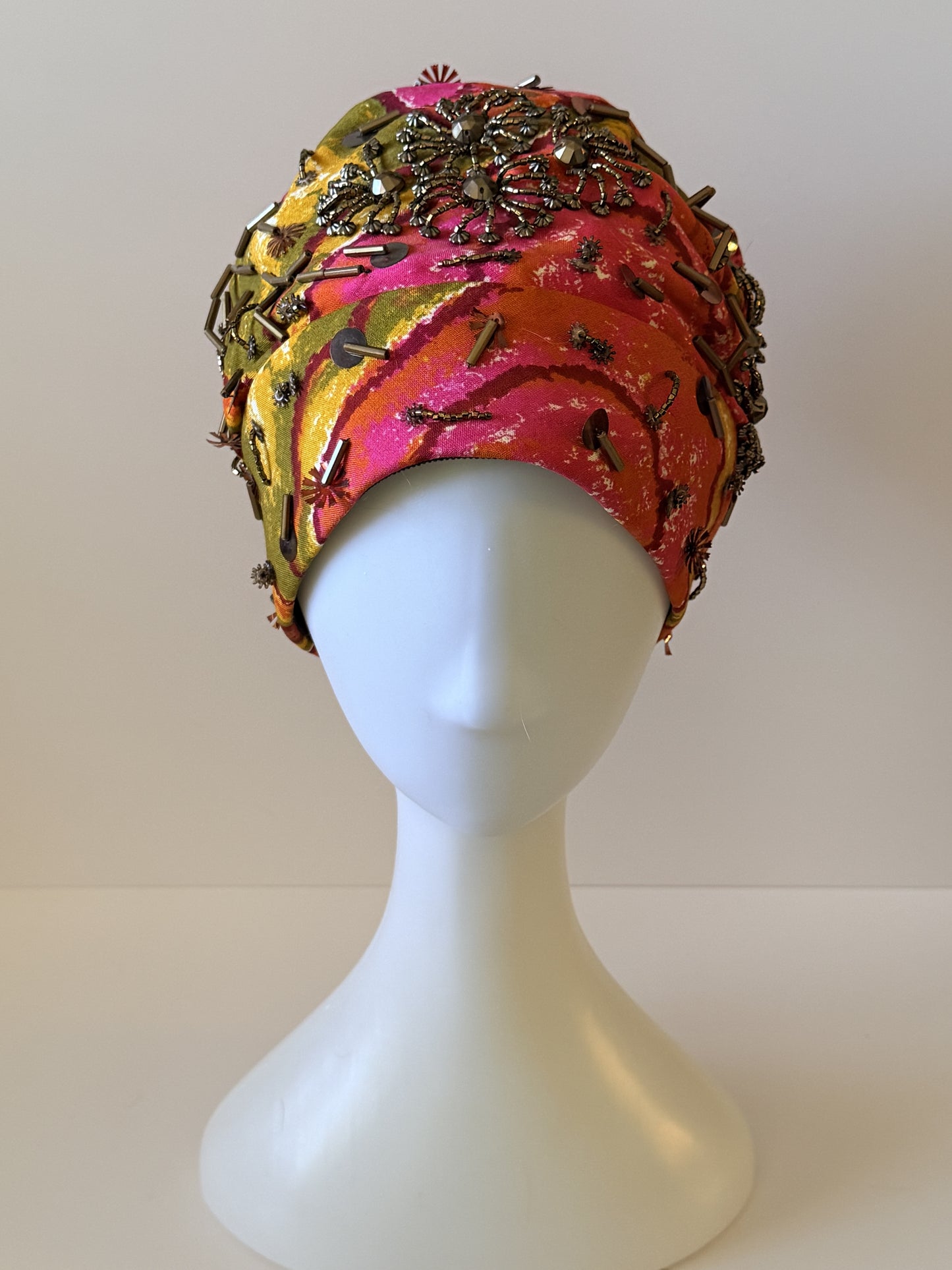 Vintage Mr. John Silk Beaded Cocktail Hat | John P. John | Vibrant Print 1940s–1960s Couture Millinery