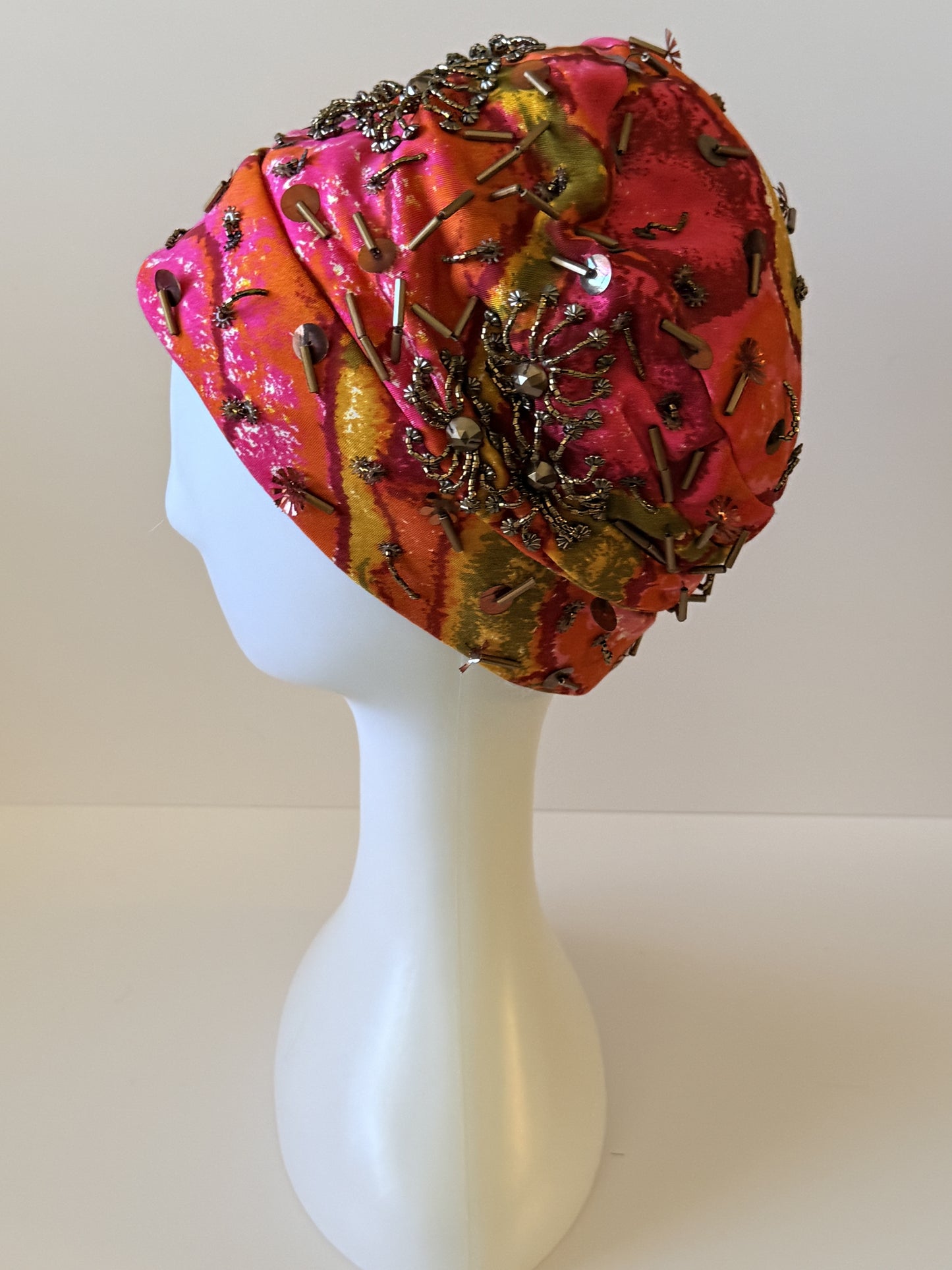 Vintage Mr. John Silk Beaded Cocktail Hat | John P. John | Vibrant Print 1940s–1960s Couture Millinery