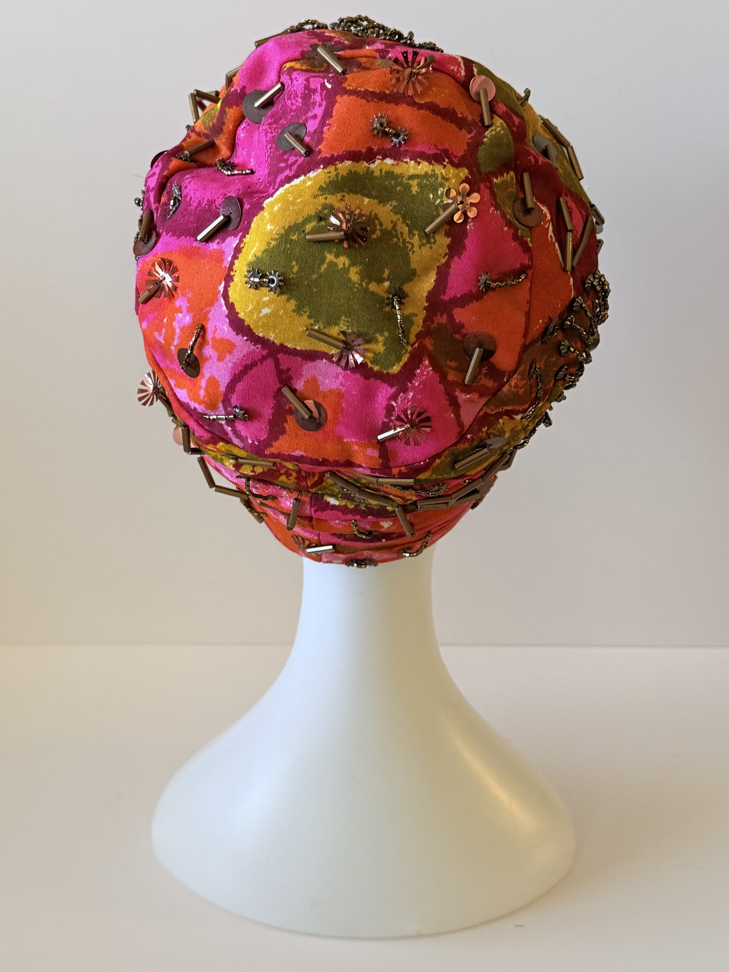 Vintage Mr. John Silk Beaded Cocktail Hat | John P. John | Vibrant Print 1940s–1960s Couture Millinery