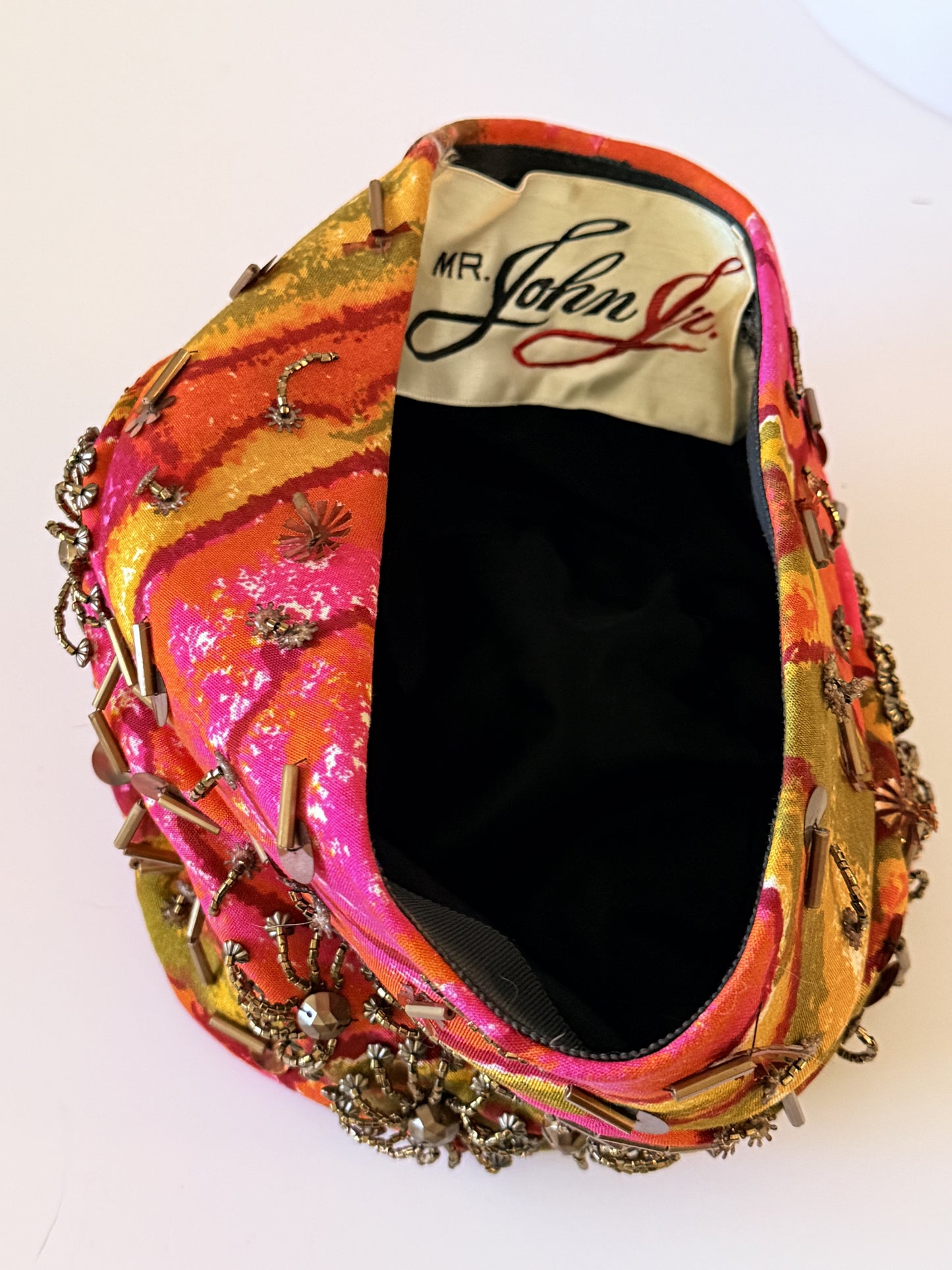 Vintage Mr. John Silk Beaded Cocktail Hat | John P. John | Vibrant Print 1940s–1960s Couture Millinery