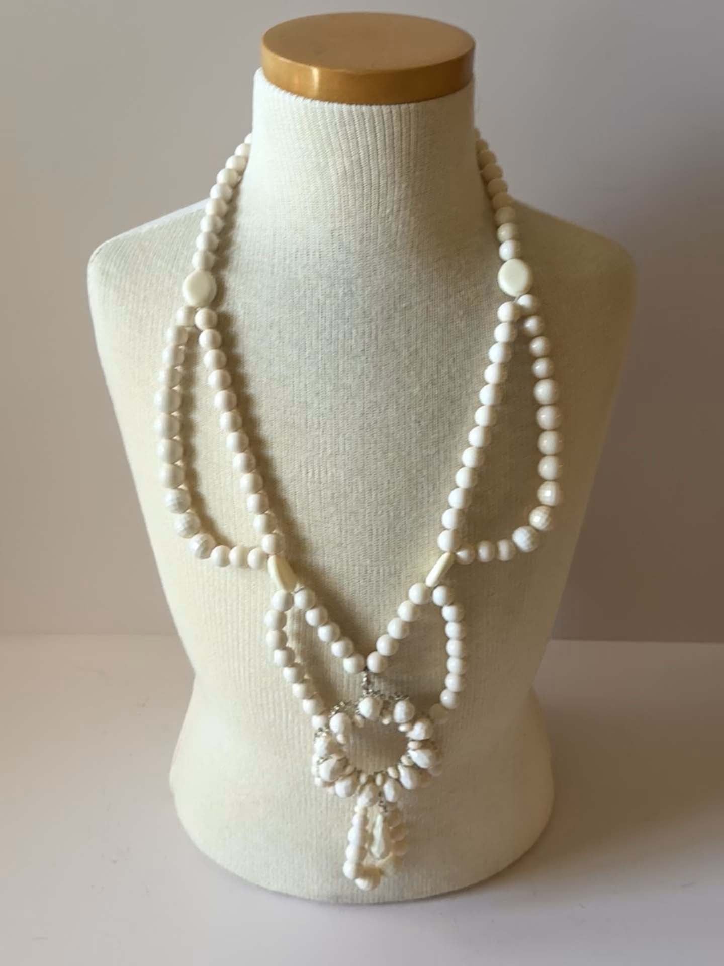 Vintage White Beaded Statement Necklace | Long Bead Necklace | Retro Costume Jewelry | Bridal Necklace
