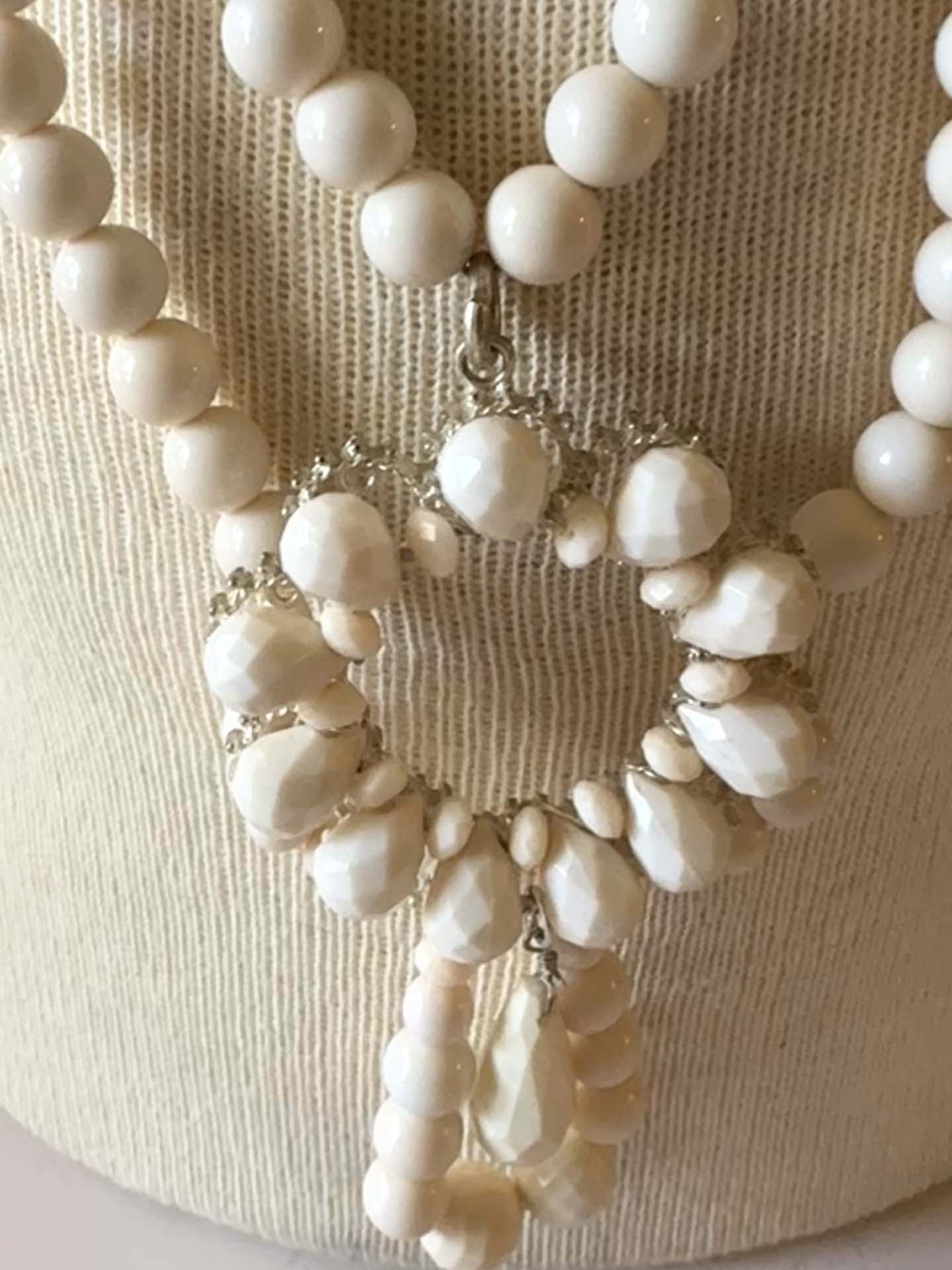 Vintage White Beaded Statement Necklace | Long Bead Necklace | Retro Costume Jewelry | Bridal Necklace